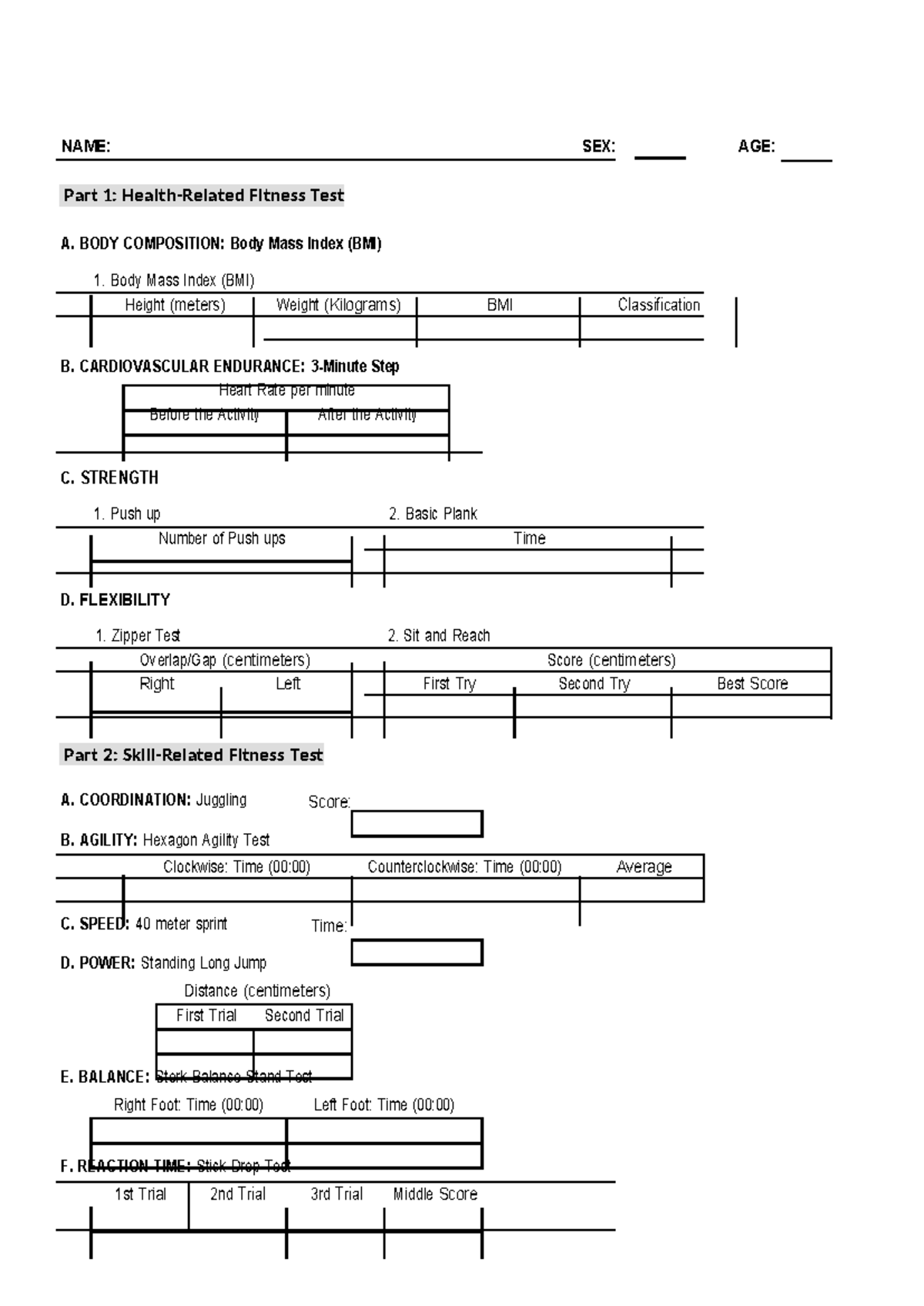 HOPE BMI form - For you to record your BMI - NAME: SEX: AGE: Part 1 ...