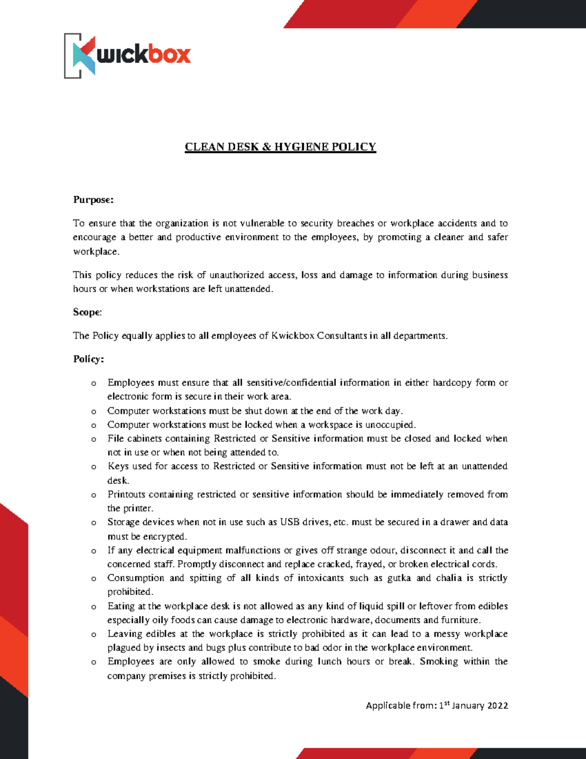 Clean DESK & Hygiene Policy - KBC - Applicable from: 1st January 2022 ...