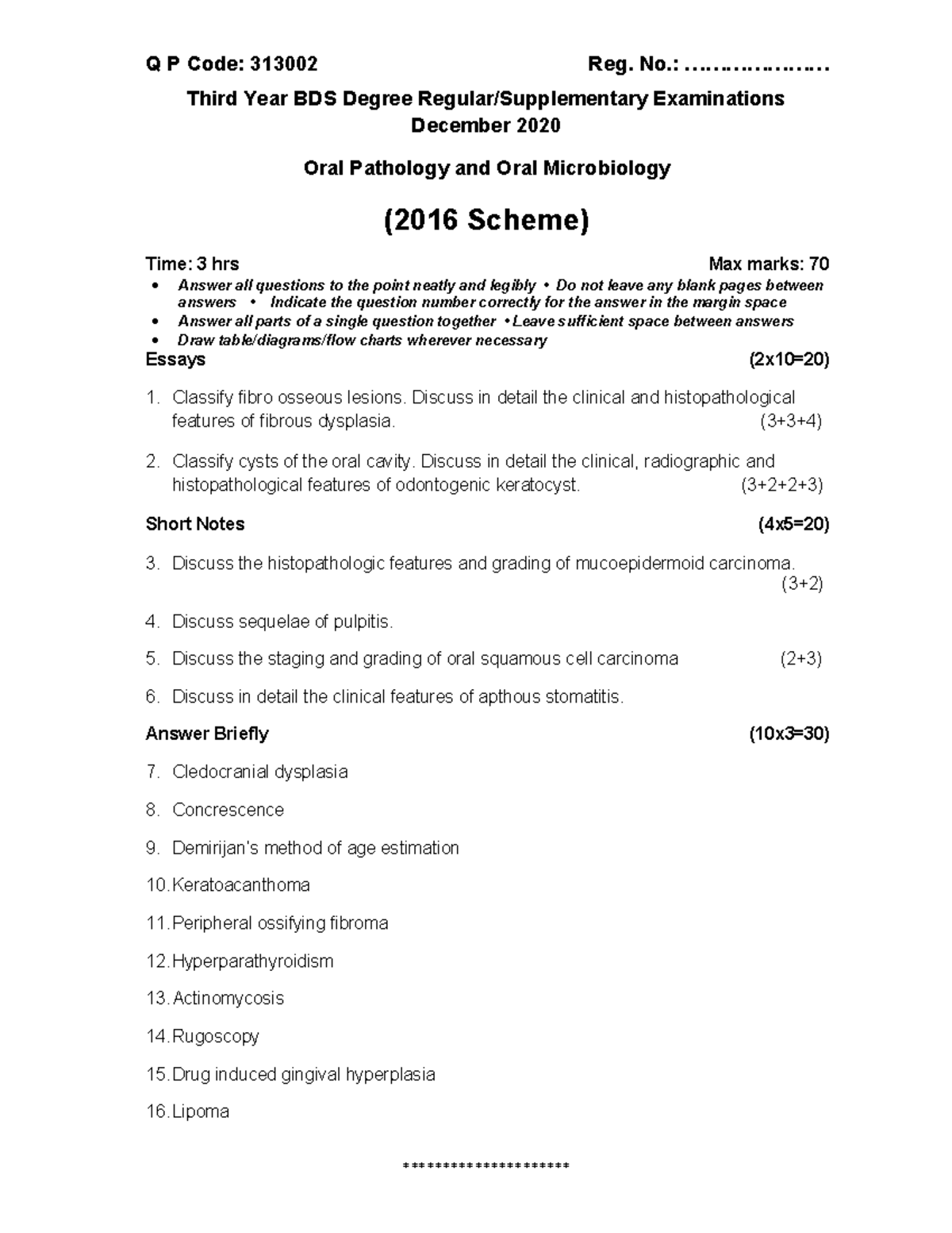 313002 Previous year question papers Q P Code 313002 Reg. No