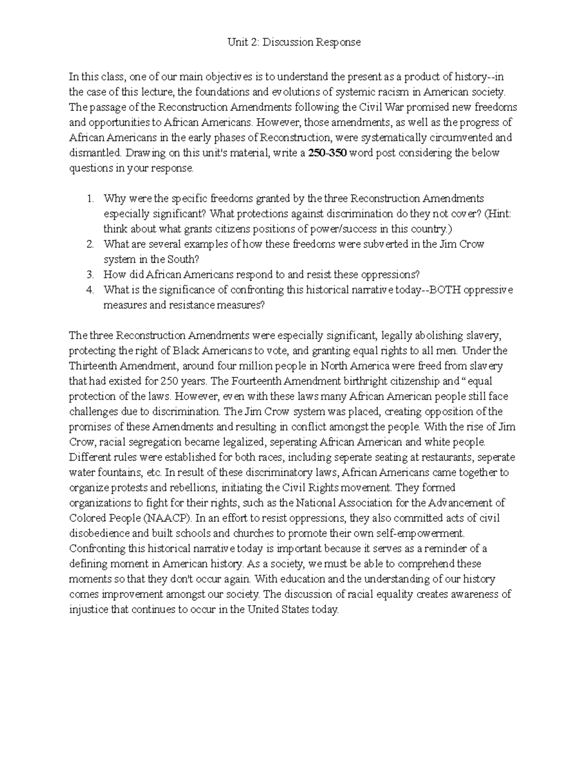 Unit 1 Discussion Response Unit 2 Discussion Response In this class