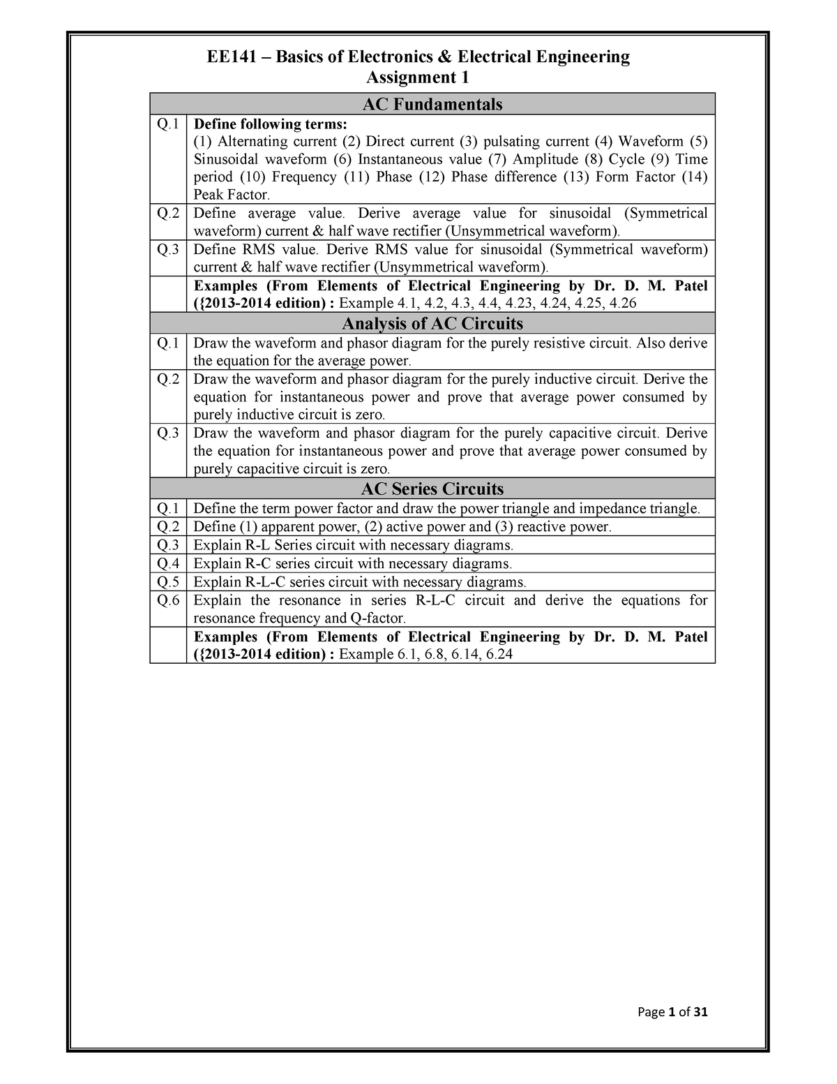 Assignment 1 - Beee - Assignment 1 AC Fundamentals Q Define Following ...