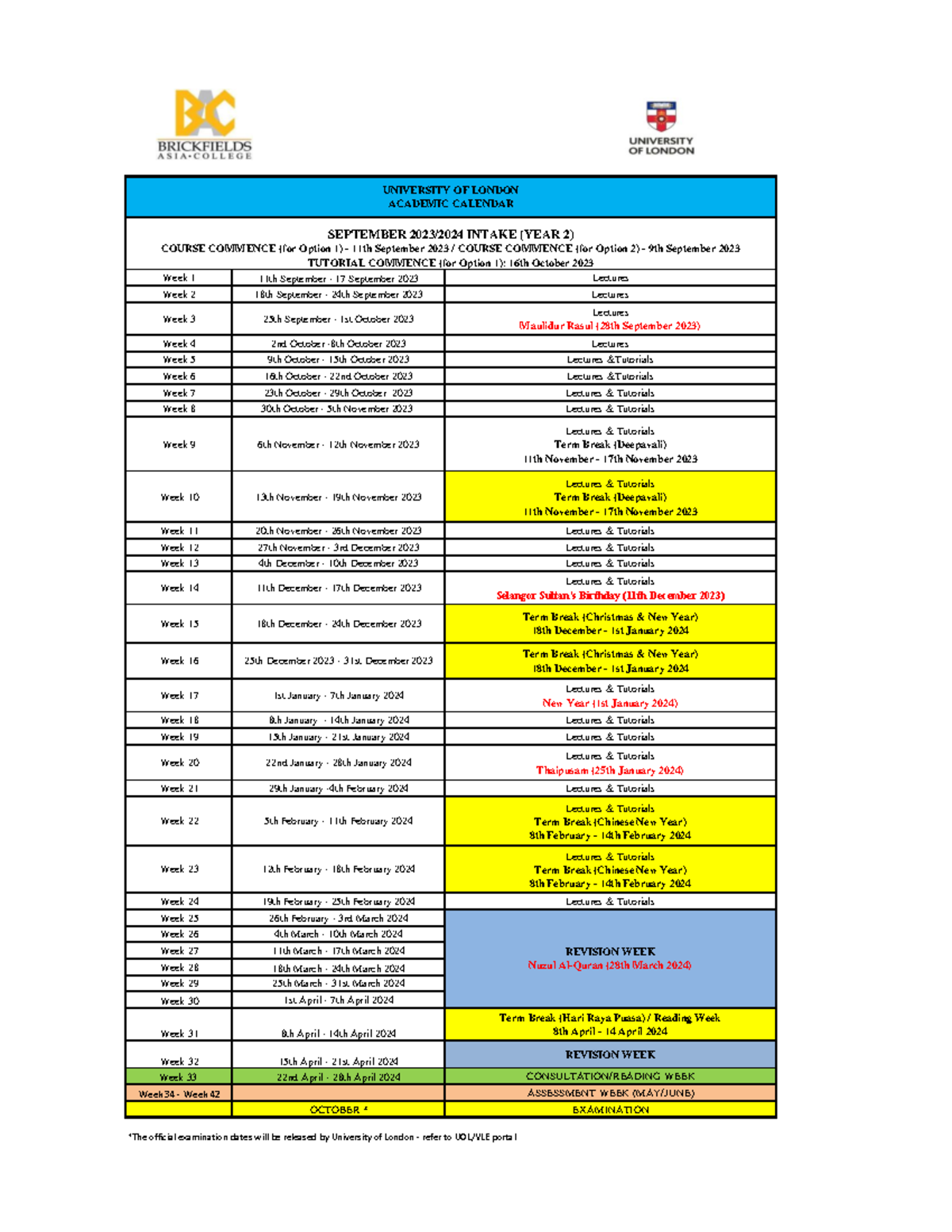 UOL Academic Calendar 20232024 Year 2 Week 1 11th September 17