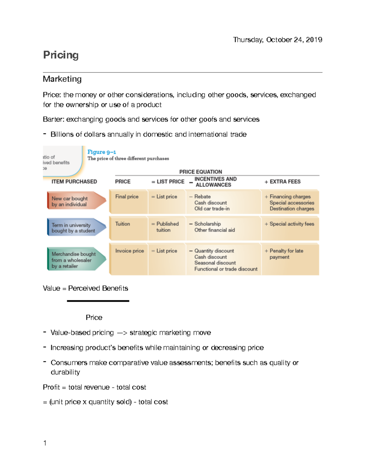 Chapter 9 - MKTG 2150 - Pricing Marketing Price: the money or other ...