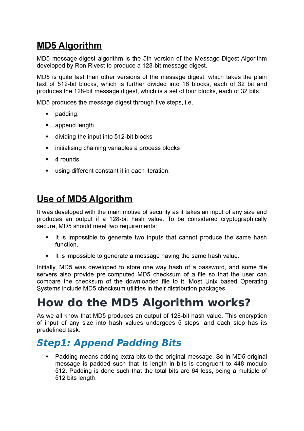 MD5 Algorithm - First Unit - MD5 Algorithm MD5 Message-digest Algorithm ...