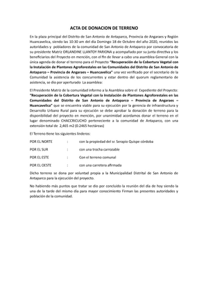 ACTA DE Donacion DE Terreno - ACTA DE DONACION DE TERRENO En la plaza  principal del Distrito de San - Studocu