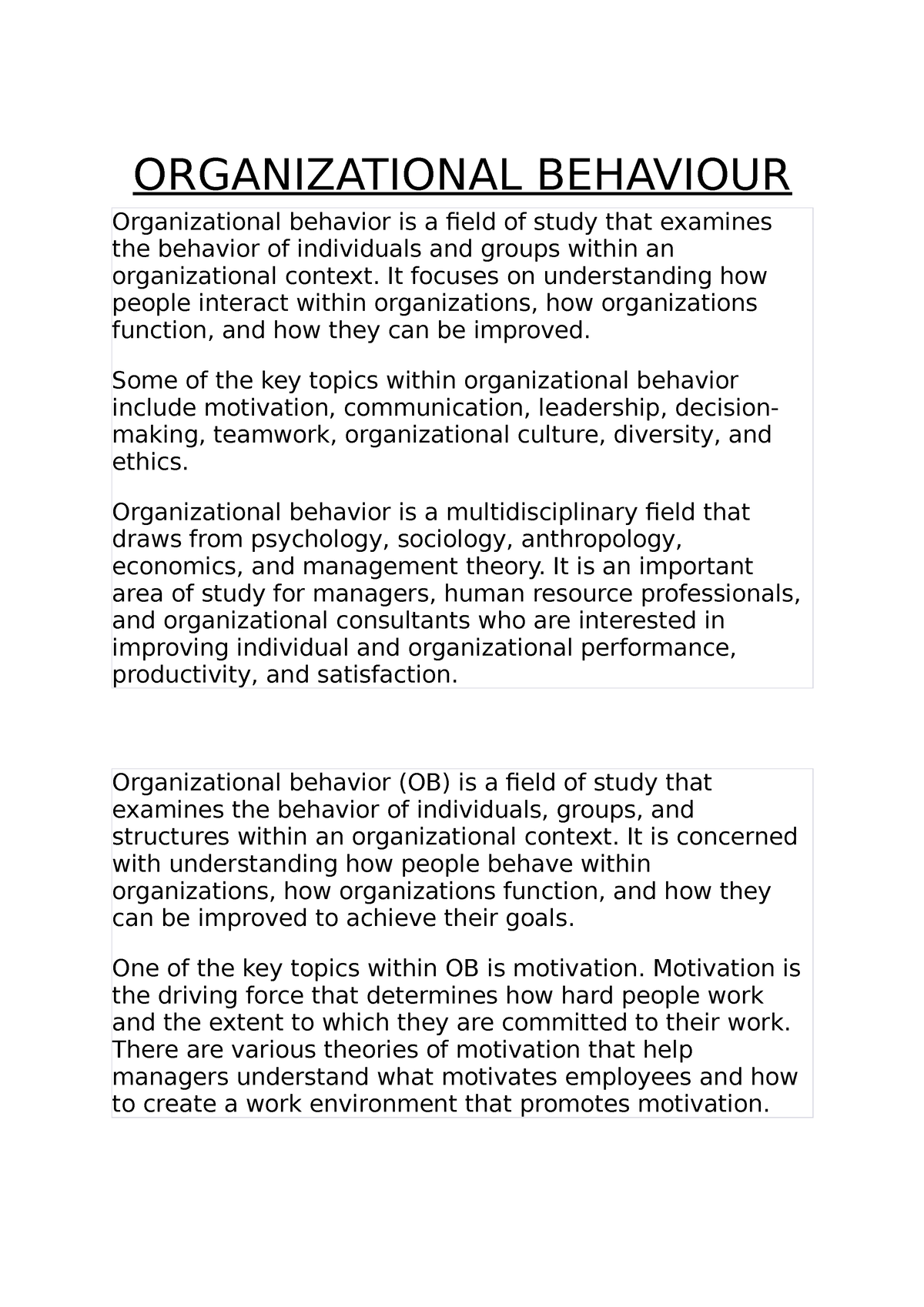 Organizational Behaviour - ORGANIZATIONAL BEHAVIOUR Organizational ...