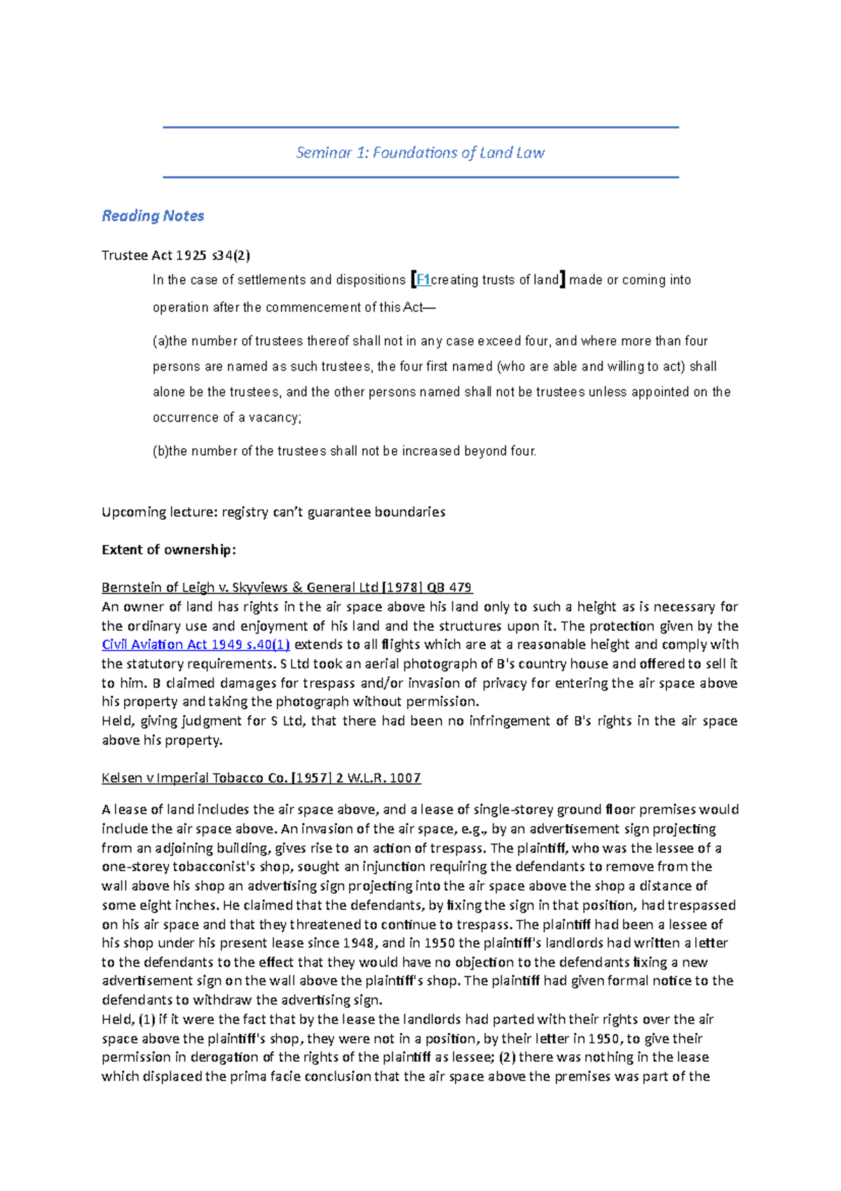 Seminar 1 - Notes - Seminar 1: Foundations of Land Law Reading Notes ...
