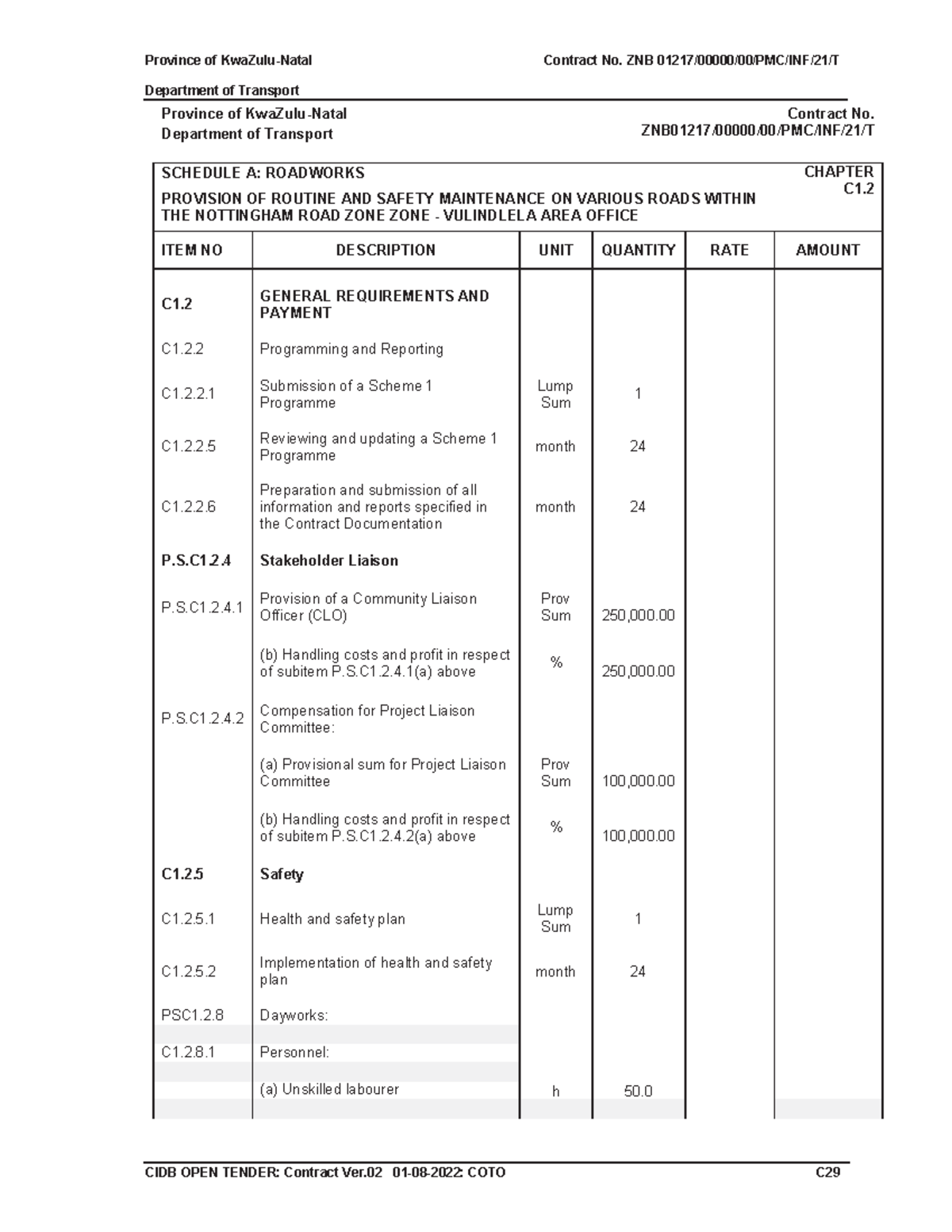 Boq 01217 - Department Of Transport Province Of Kwazulu-natal Contract 