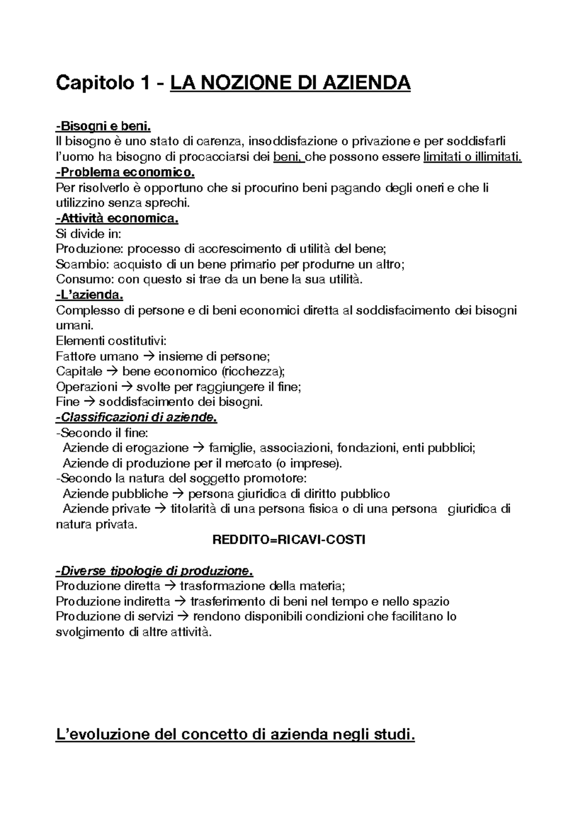 Documento Economia Aziendale 1 - Capitolo 1 - LA NOZIONE DI AZIENDA ...