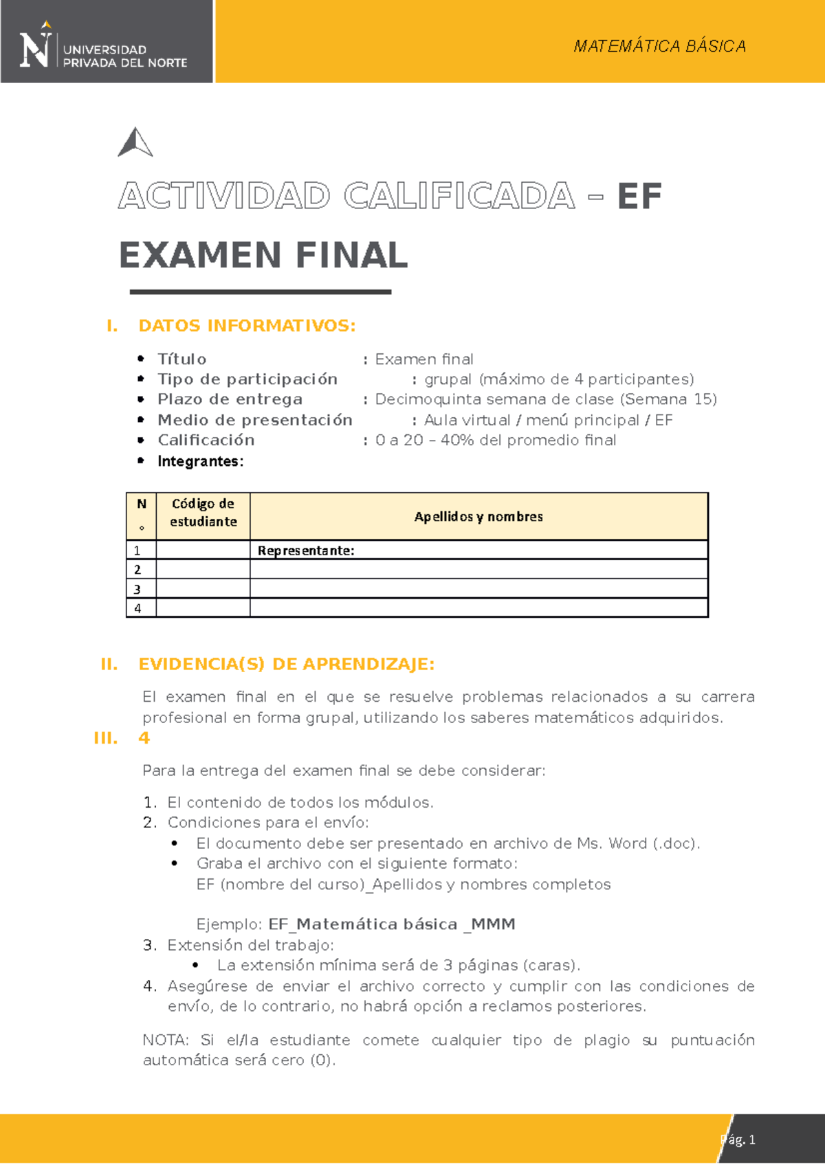 Examen Final De Mate Actividad Calificada Ef Examen Final I Datos Informativos T Tulo