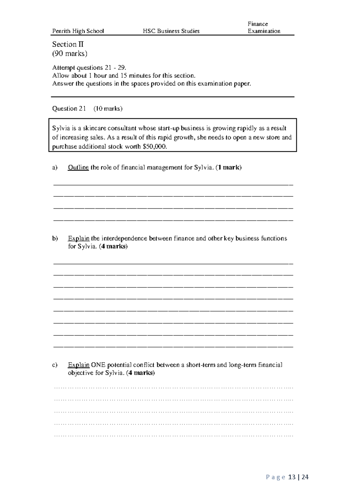 2019 Business Studies Finance Examination - Penrith High School - P a g ...