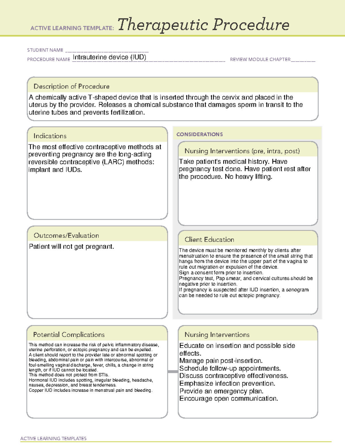 IUD - NUR 3334 - ACTIVE LEARNING TEMPLATES Therapeutic Procedure ...