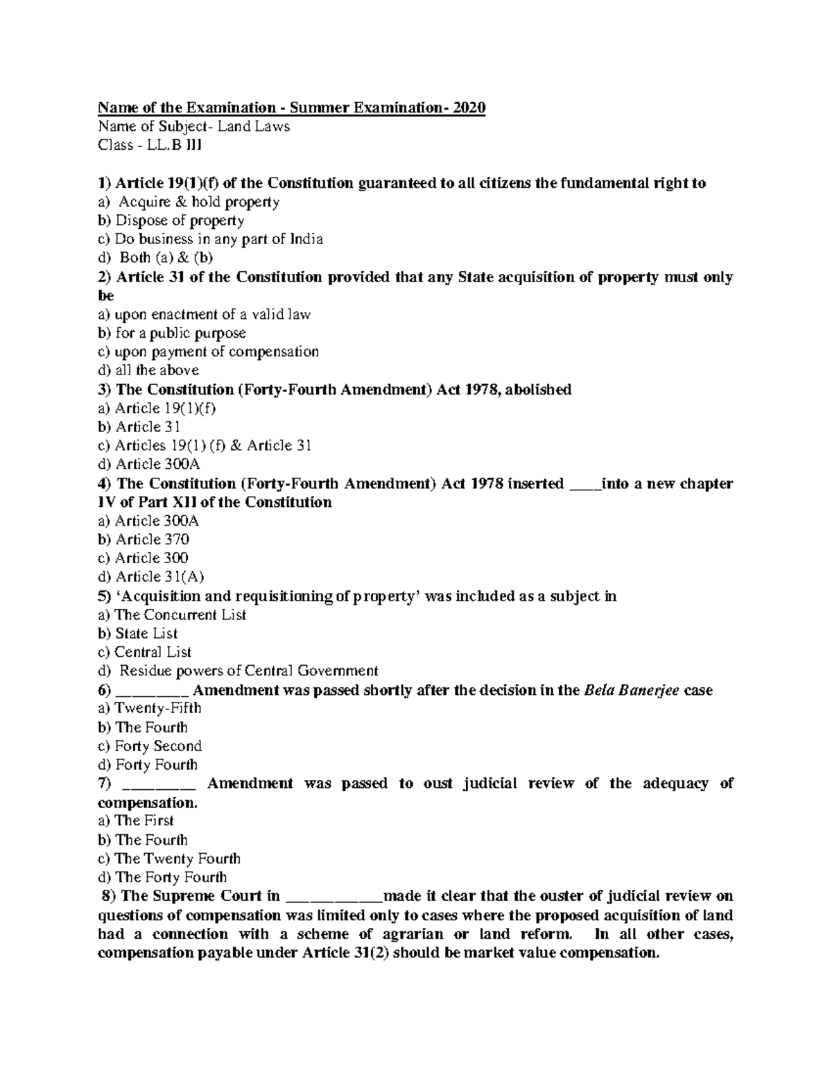 Land LawsMCQ land laws Name of the Examination Summer