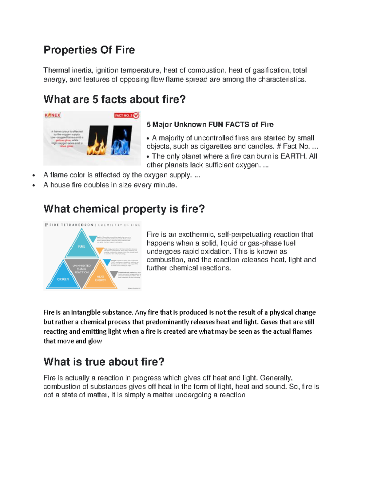 Properties Of Fire Properties Of Fire Thermal inertia, ignition temperature, heat of