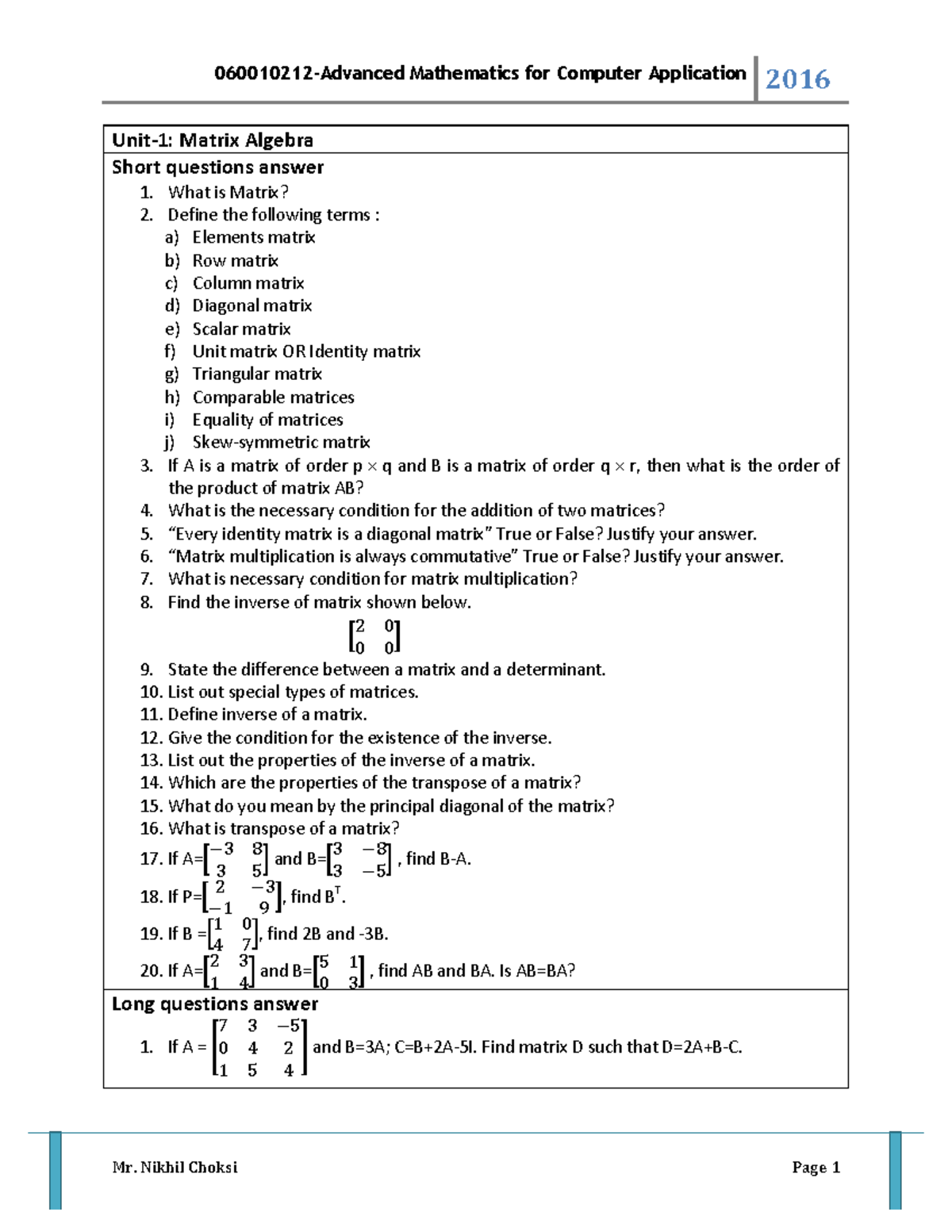 QB 060010212 - edf44trthnh - 2016 Unit-1: Matrix Algebra Short ...