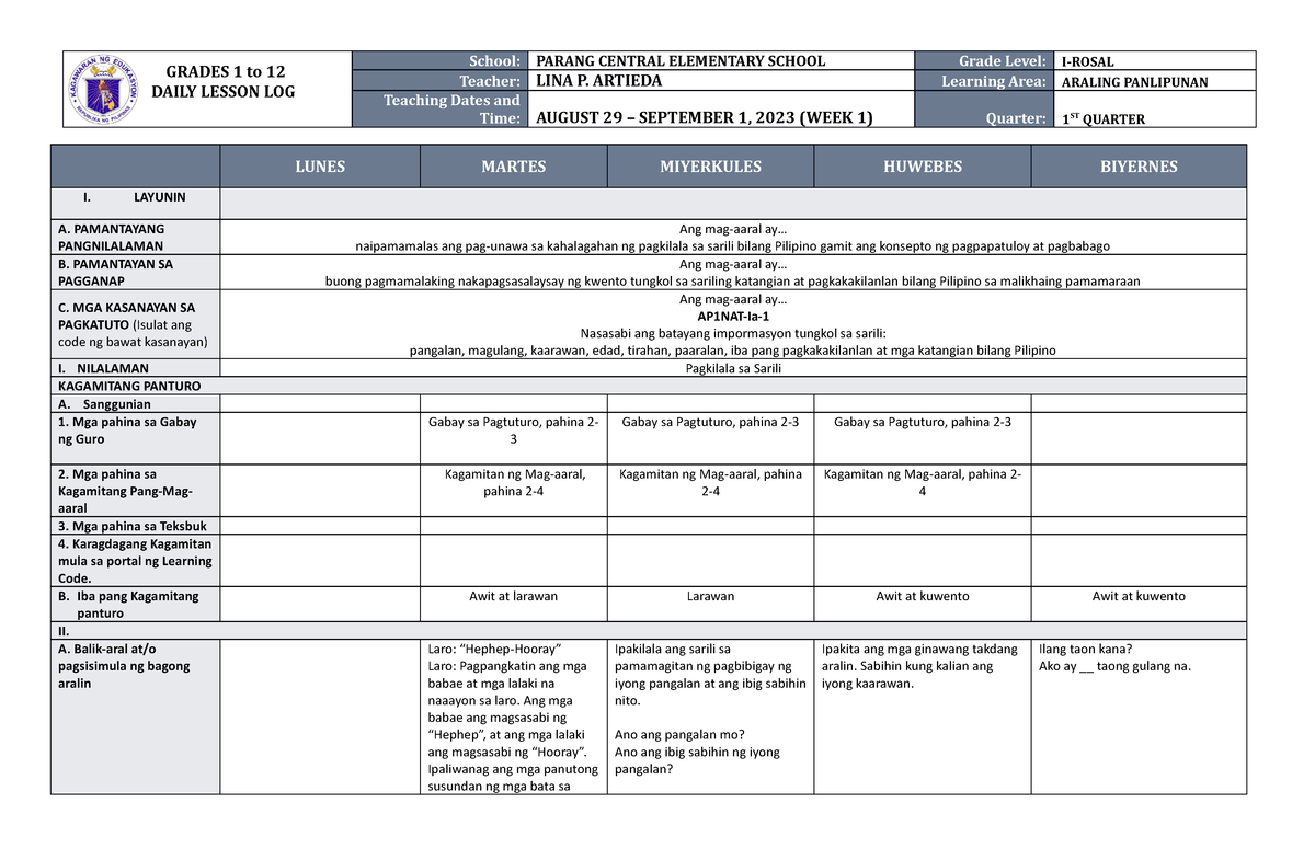 DLL Araling Panlipunan 1 Q1 W1 - GRADES 1 To 12 DAILY LESSON LOG School ...