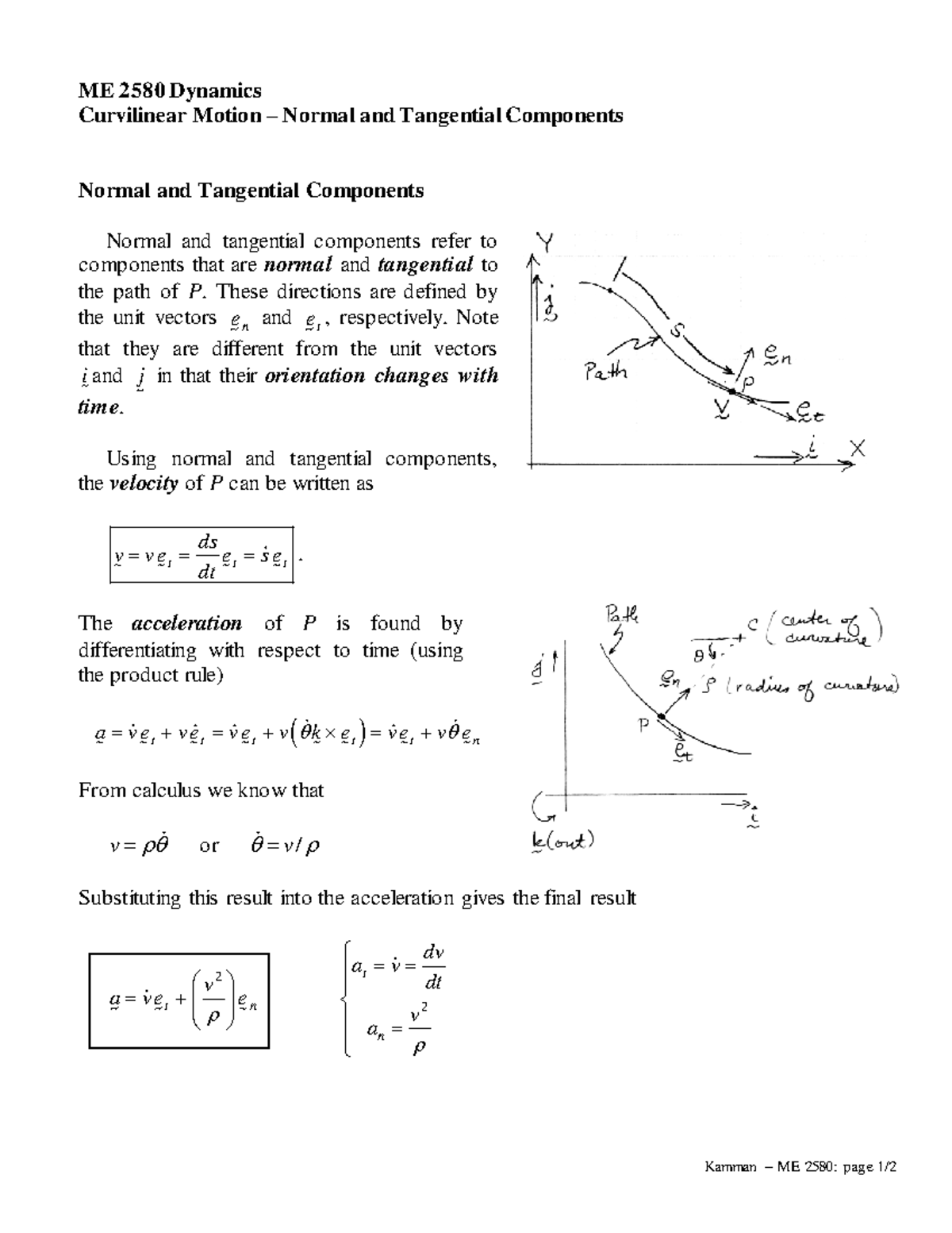 ME258Curvilinear Motion 02 - Kamman – ME 2580: page 1/ ME 2580 Dynamics ...