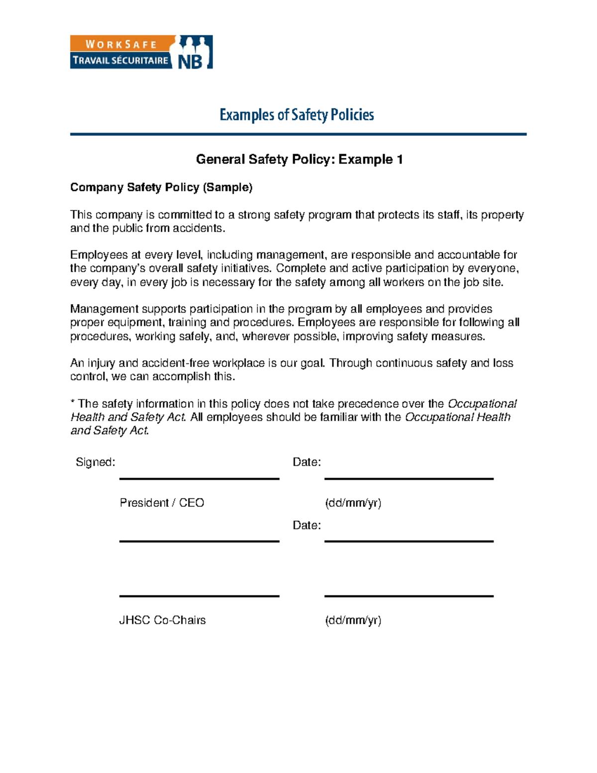 Examples of health safety policies Examples of Safety Policies