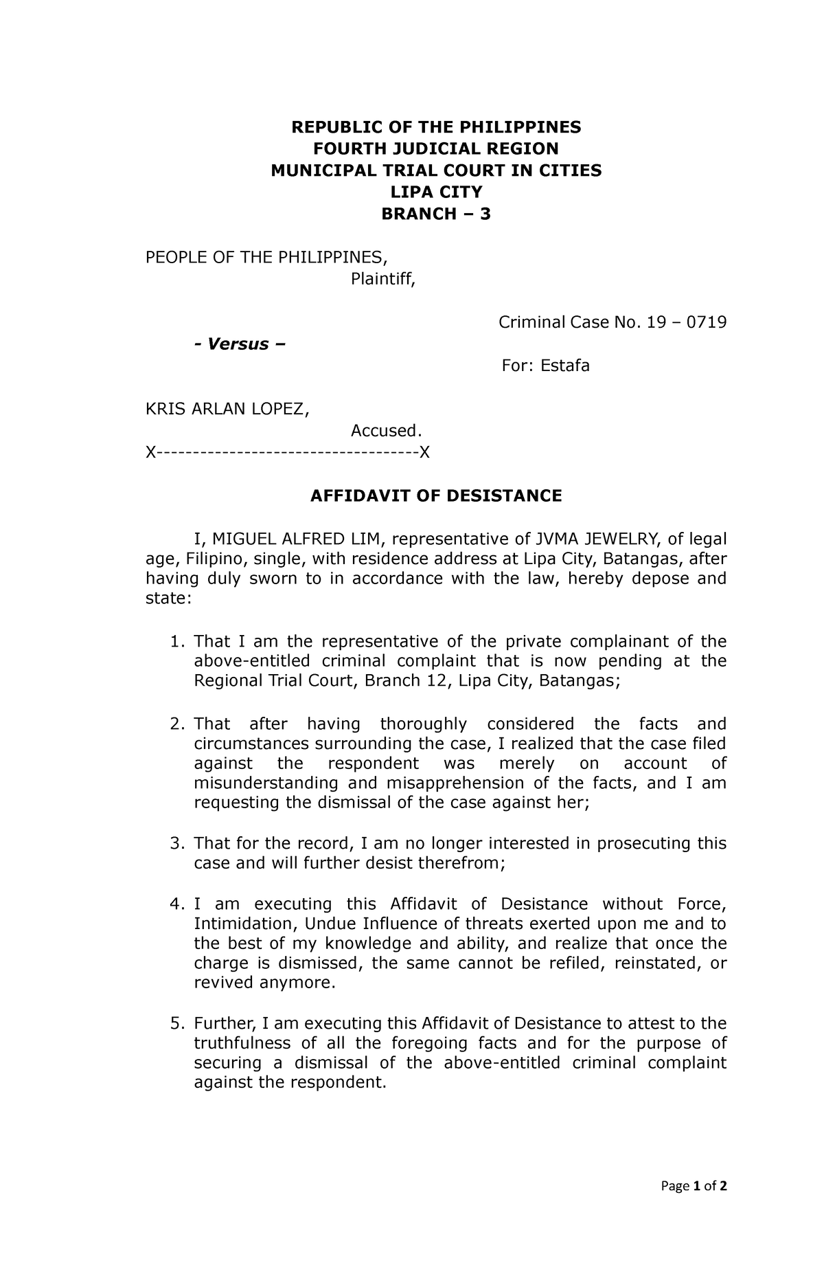 Affidavit Of Desistancenotarial Template Page 1 Of 2 Republic Of The Philippines Fourth 