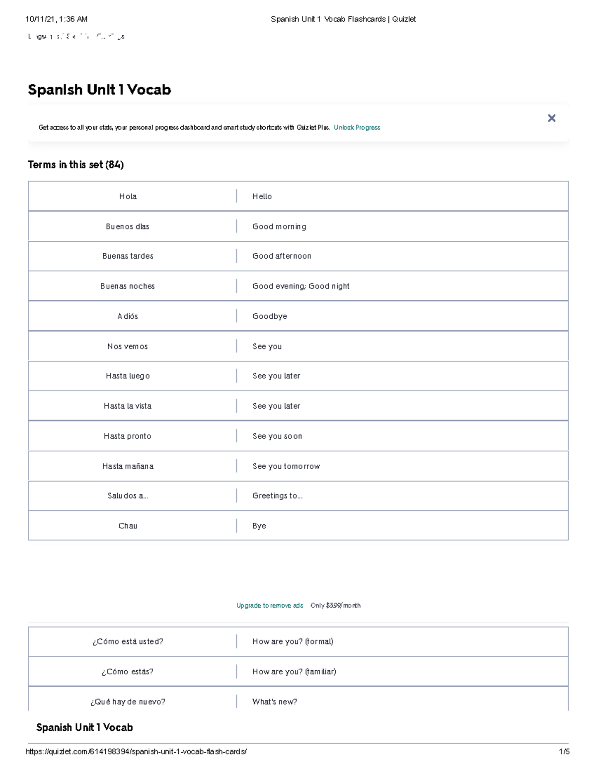 Spanish Unit 1 Vocab Flashcards - SPAN 1102 - LSU - Studocu