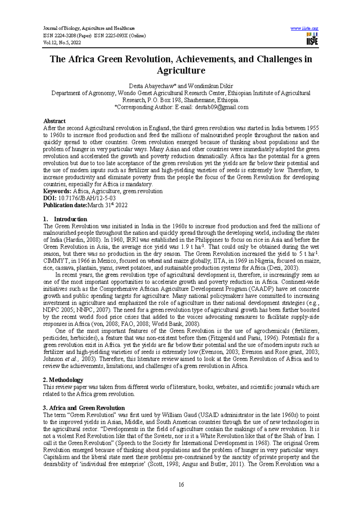 The Africa Green Revolution, Achievements, and Challenges - Box 198 ...