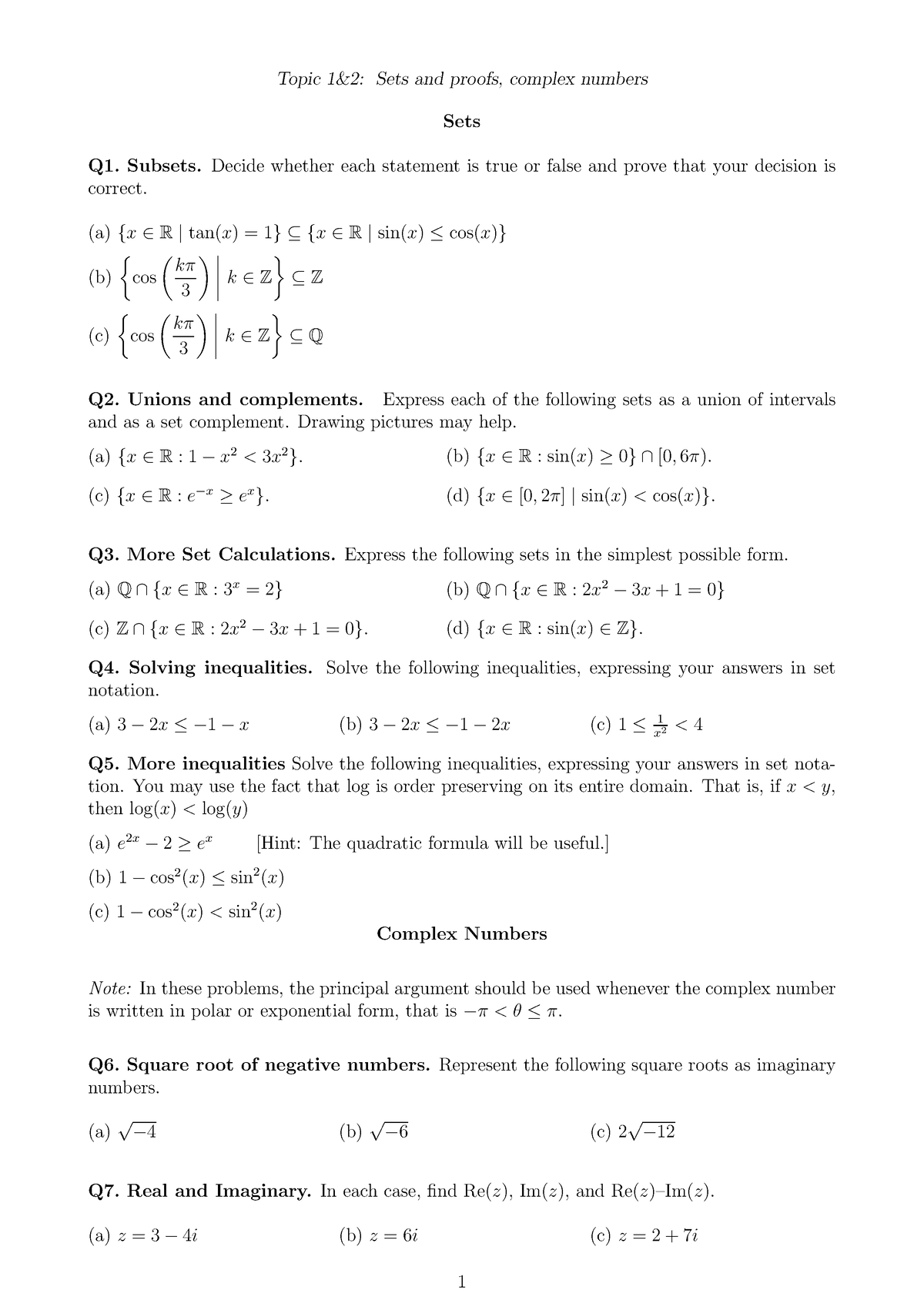 Problem Booklet Topics 1&2 - Topic 1&2: Sets and proofs, complex ...