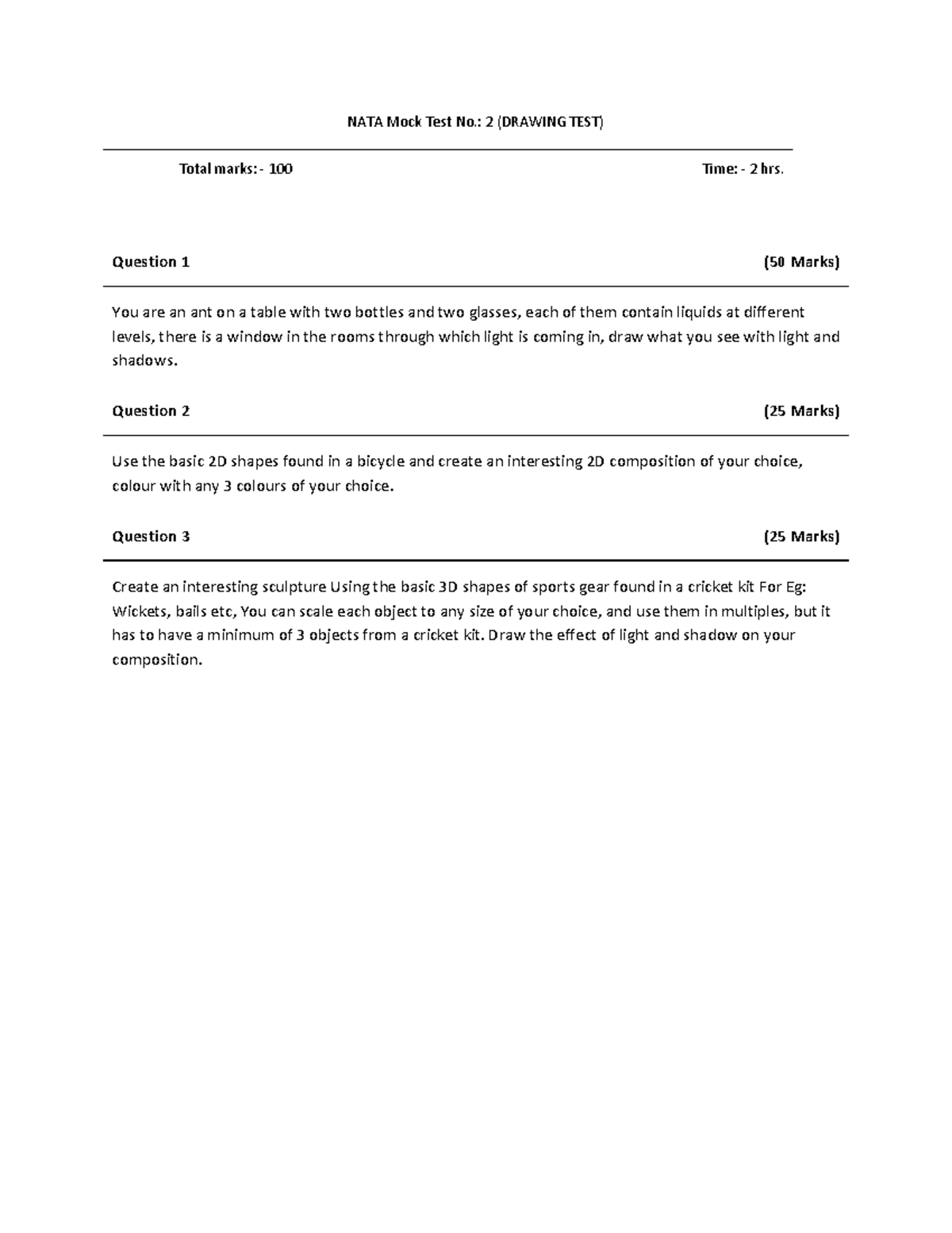 NATA Drawing Ability Test QP2 - NATA Mock Test No.: 2 (DRAWING TEST ...