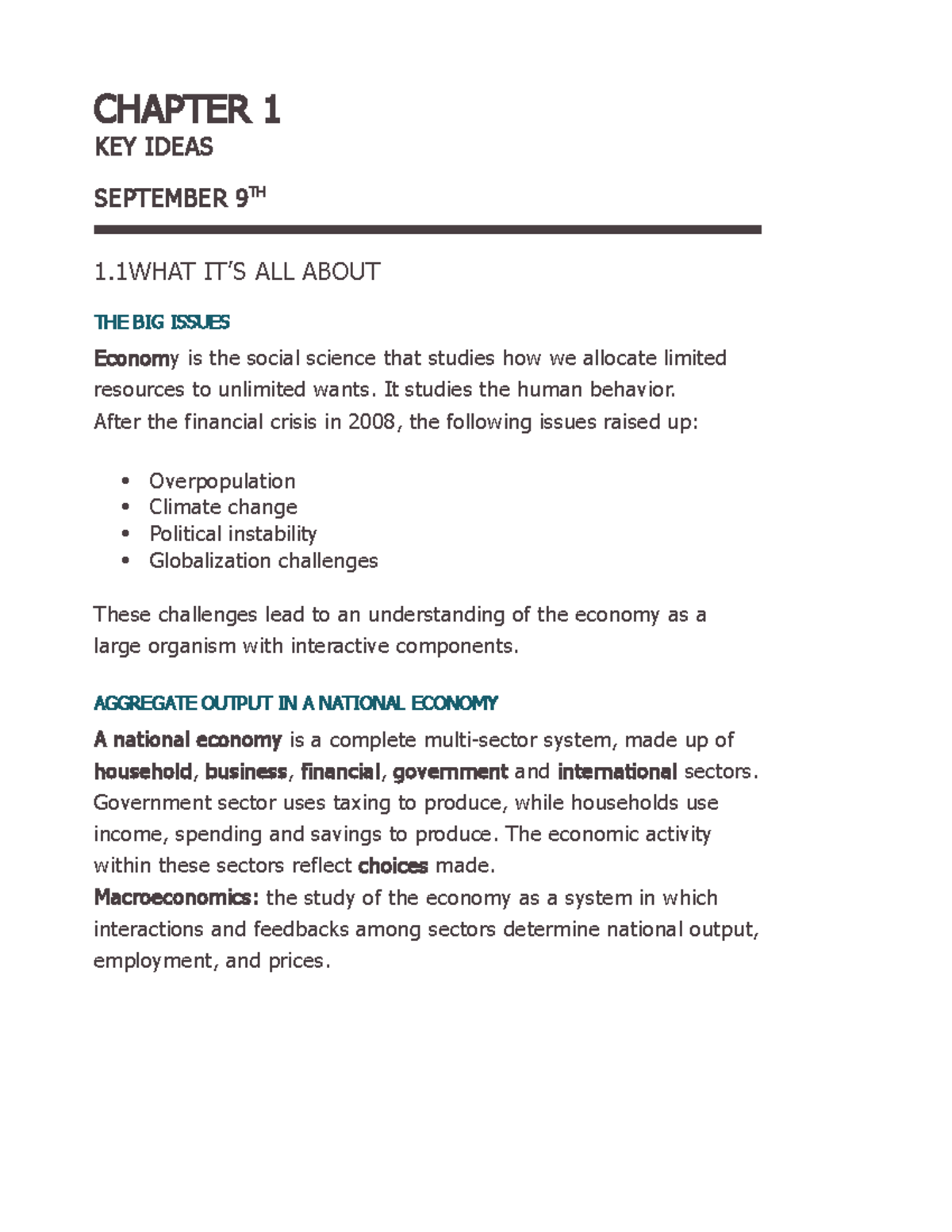 Chapter 1 notes - CHAPTER 1 KEY IDEAS SEPTEMBER 9TH 1 IT’S ALL ABOUT ...