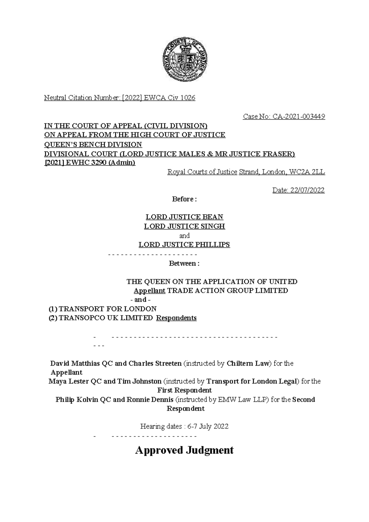 UTAG v Tf L Judgment 220722 - Neutral Citation Number: [2022] EWCA Civ ...