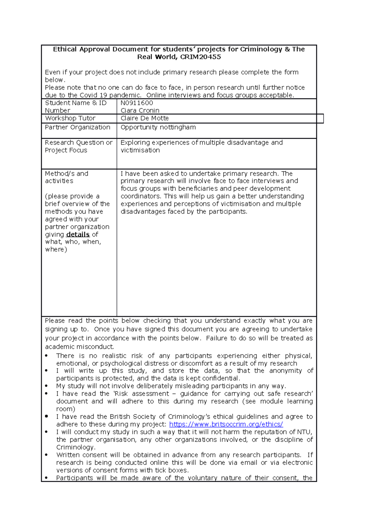 Ethical Approval Document for students CRIM20455 Ethical Approval