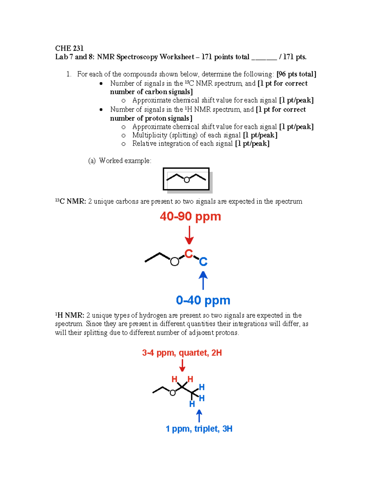 NMR Worksheet CHE 231 Lab 7 and 8 NMR Spectroscopy Worksheet 171 points total _______ / 171