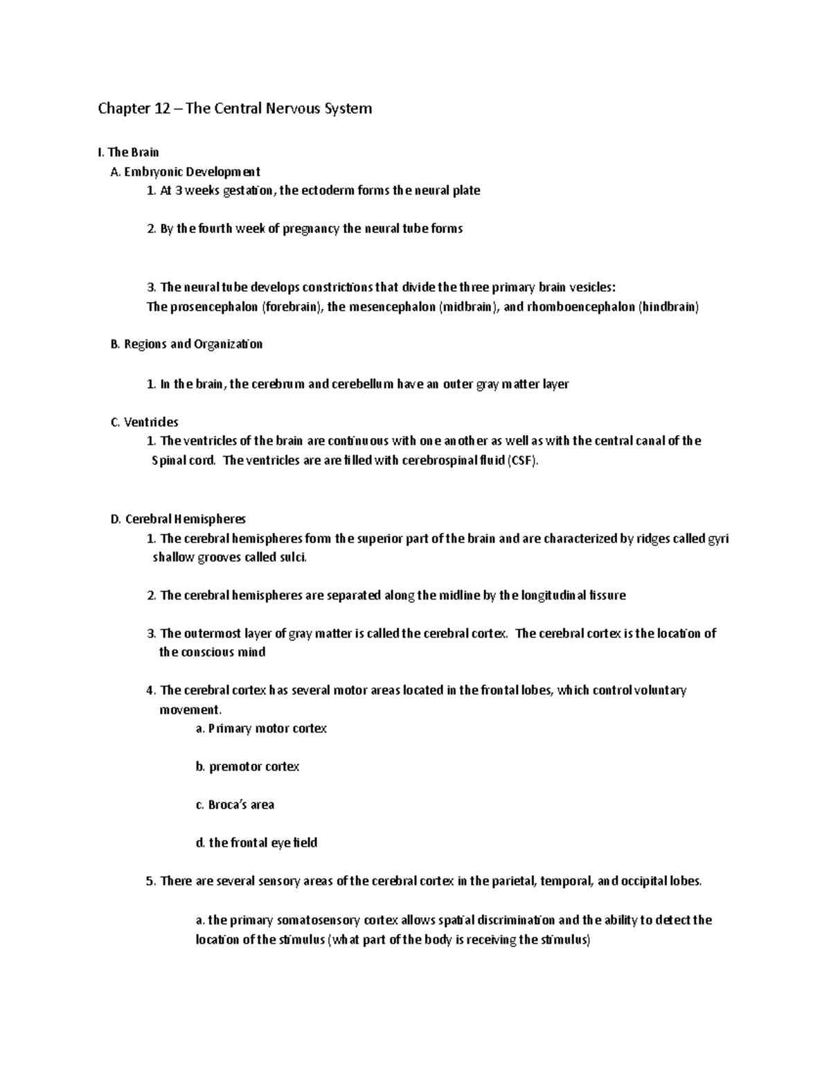 Chapter 12new - notes for exam 4 - Chapter 12 – The Central Nervous ...