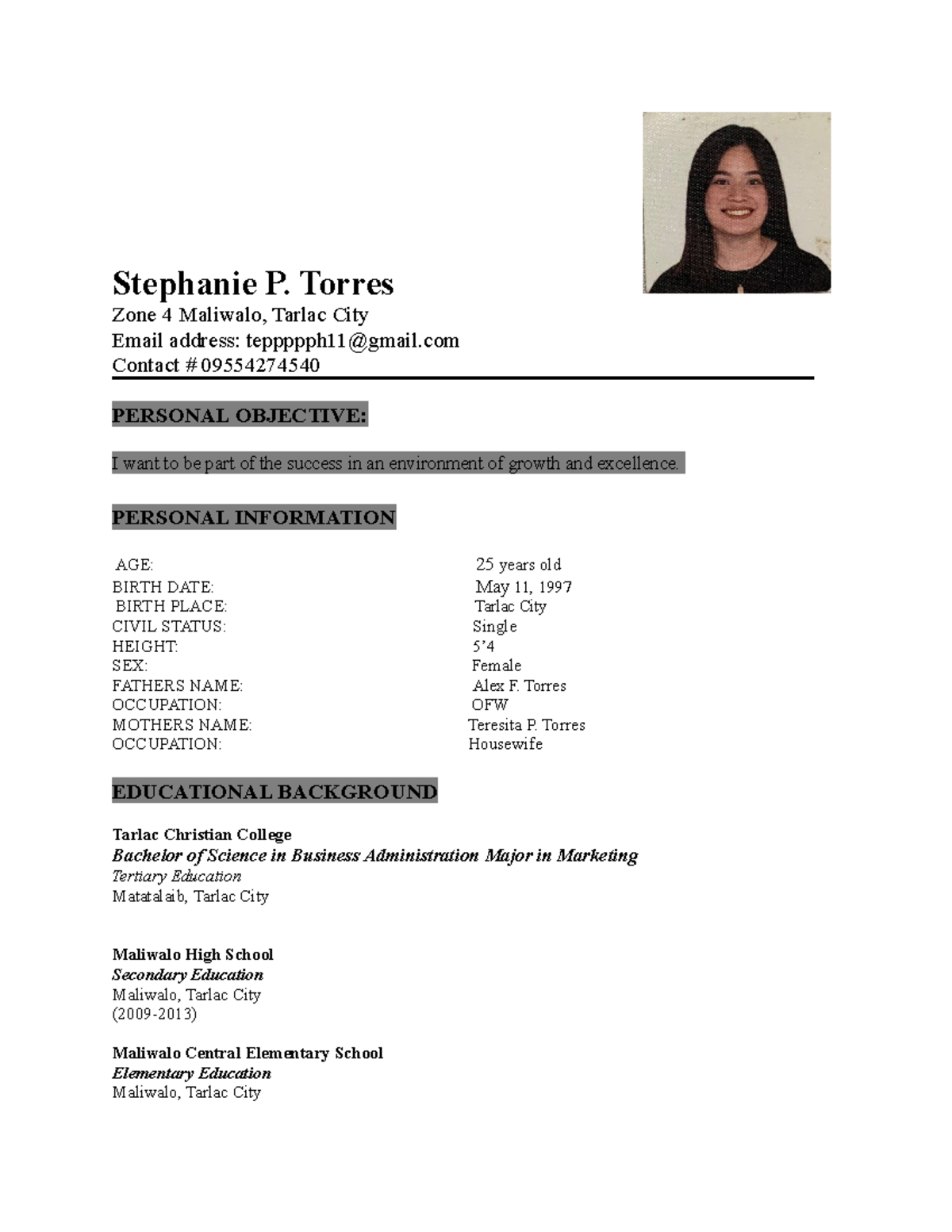 Resume-Tephjhgjhg - Stephanie P. Torres Zone 4 Maliwalo, Tarlac City ...