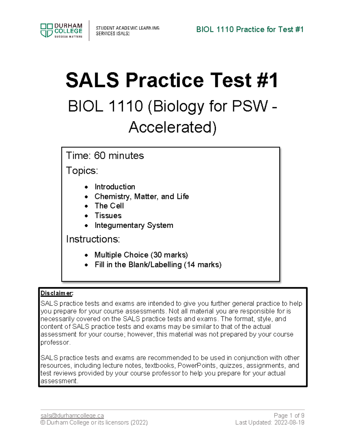 BIOL 1110 Practice Test #1 - sals@durhamcollege Page 1 of 9 SALS ...