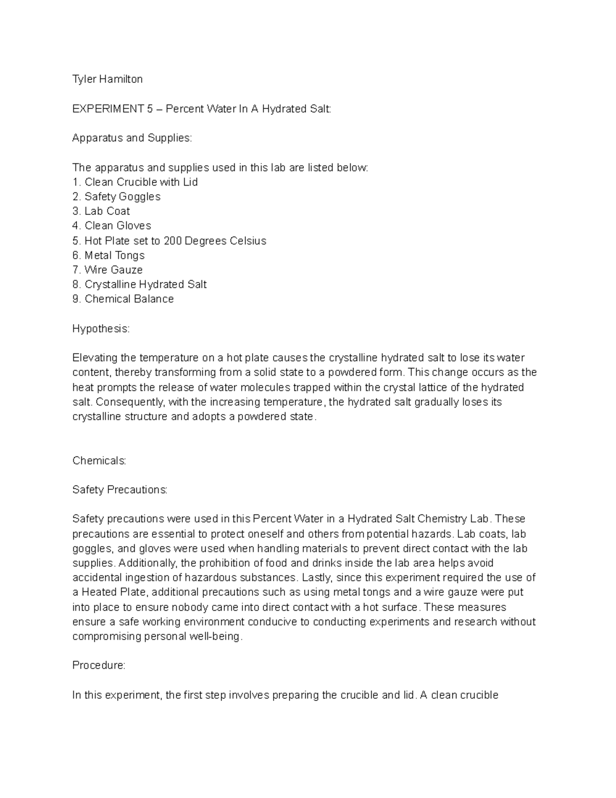 % water in a hydrated salt - Tyler Hamilton EXPERIMENT 5 – Percent ...