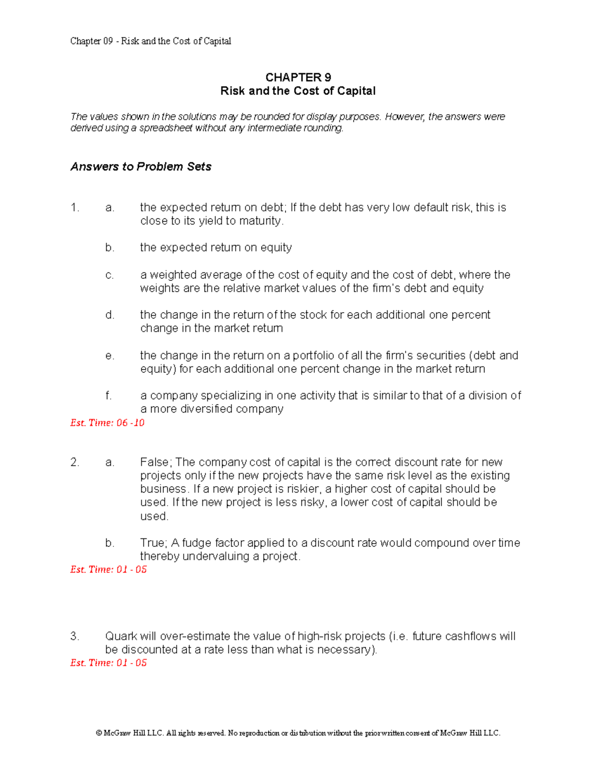 Brealey Principles of Corporate Finance 14e Chap09 SM - CHAPTER 9 Risk ...
