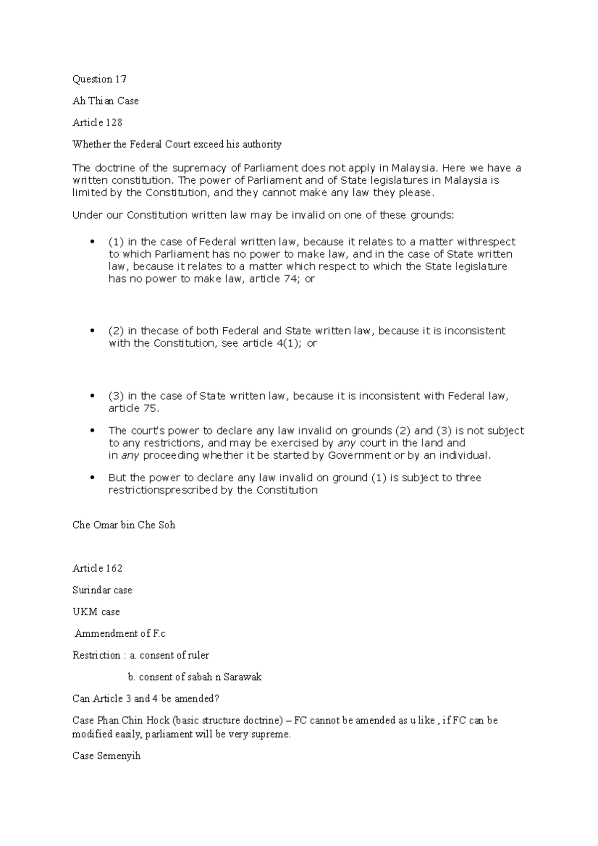 Revision week 10 and 11 - Lecture notes 10 - Question 17 Ah Thian Case ...