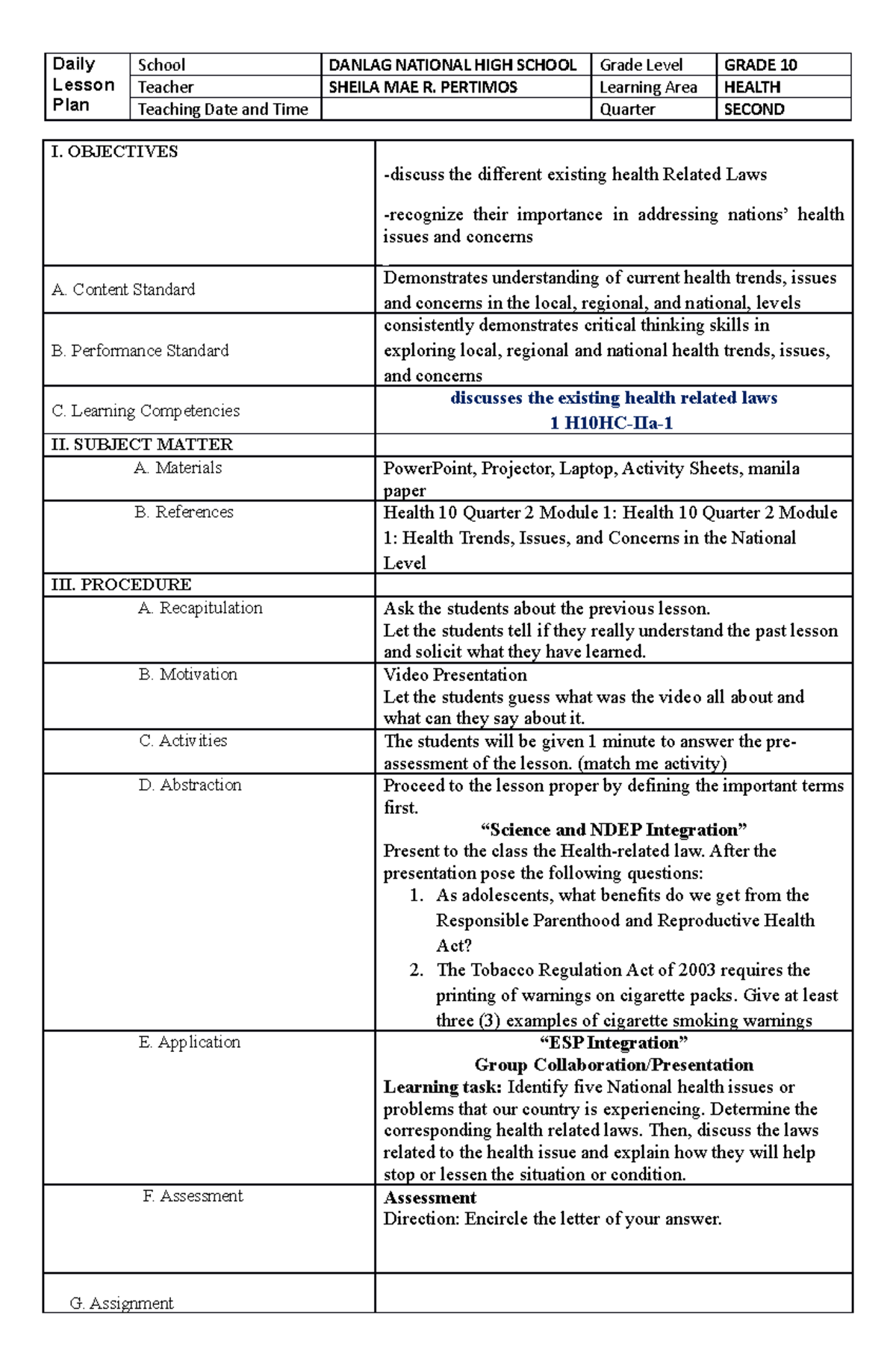 Cot health 10 2 quarter - cot - Daily Lesson Plan School DANLAG ...