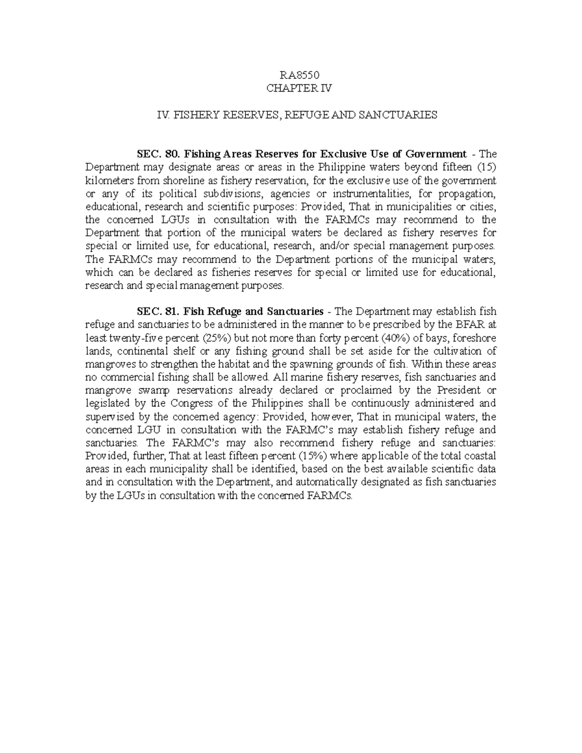 RA8550 Chapteriv-converted - RA CHAPTER IV IV. FISHERY RESERVES, REFUGE ...
