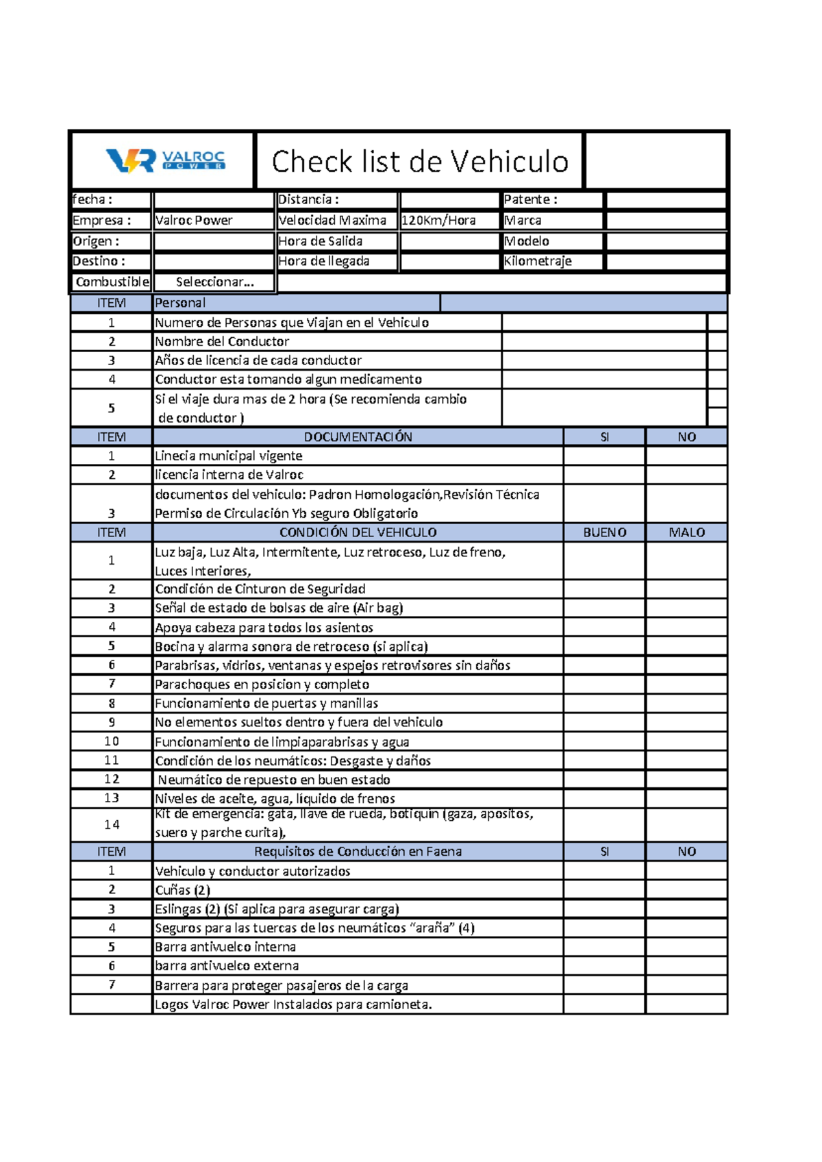 Check List de Vehiculo Camioneta Valroc Power - 5 7 Barrera para ...