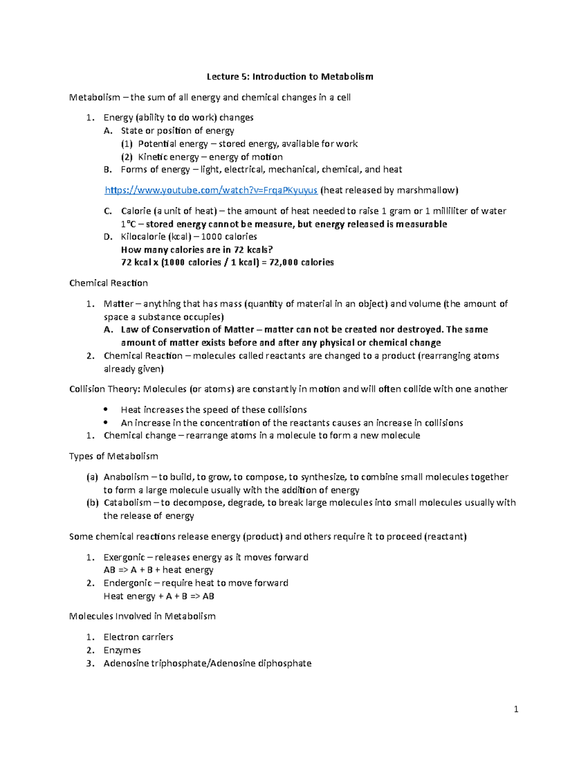 Exam 2 Lecture Notes - Lecture 5: Introduction to Metabolism Metabolism ...