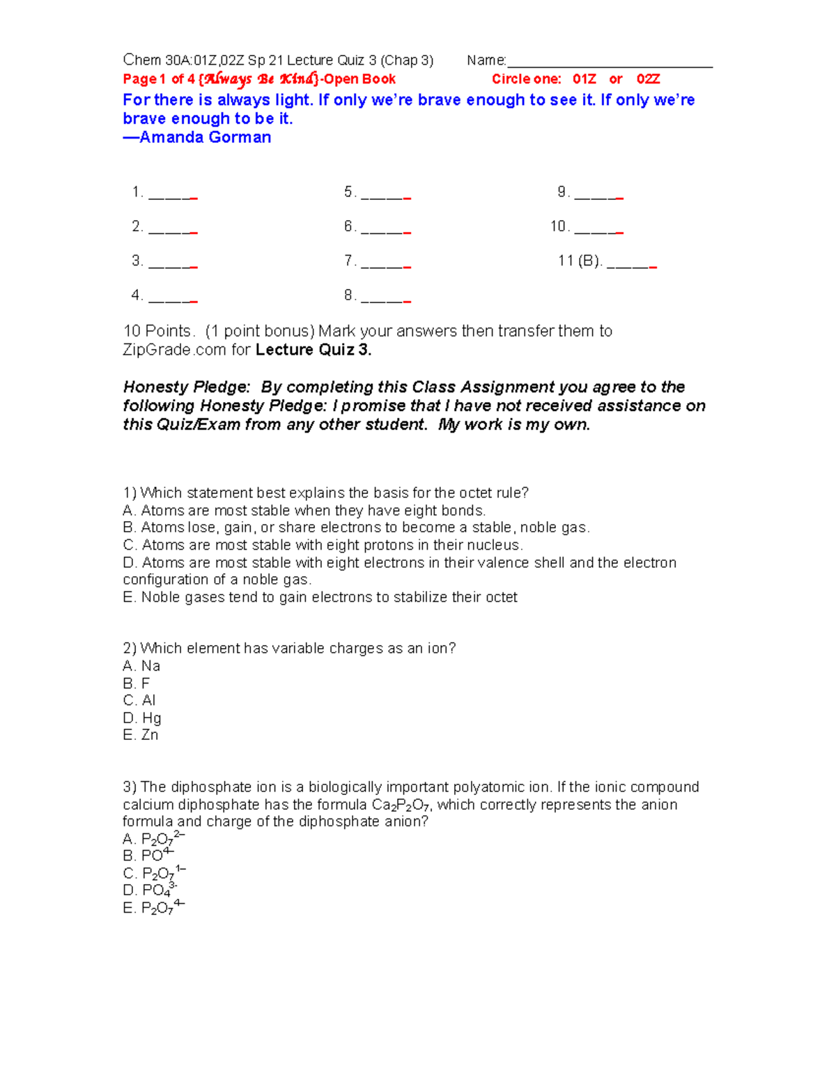 Chem 30A Sp 21 Lecture Quiz 3corr Chem 30A01Z,02Z Sp 21 Lecture