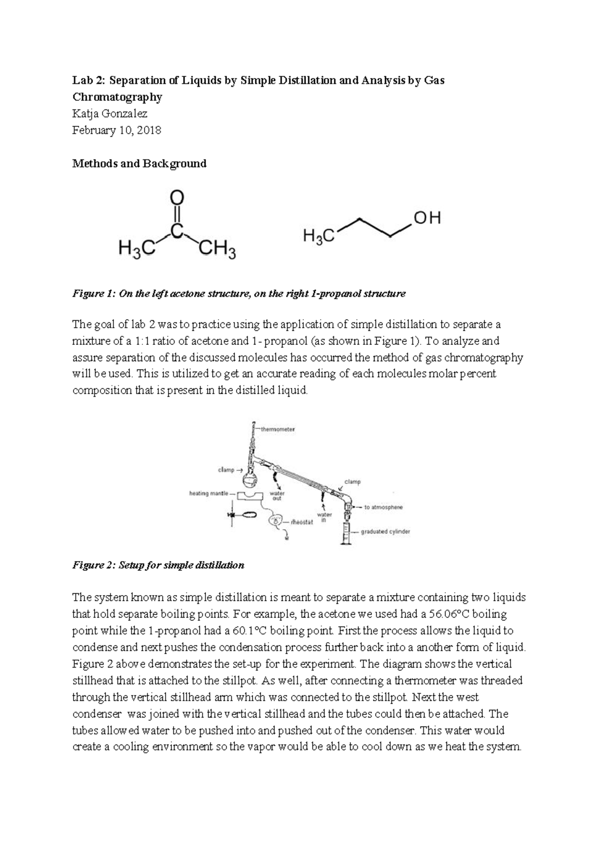 Gonzalez Lab 2 Separation of Liquids by Simple Distillation and ...