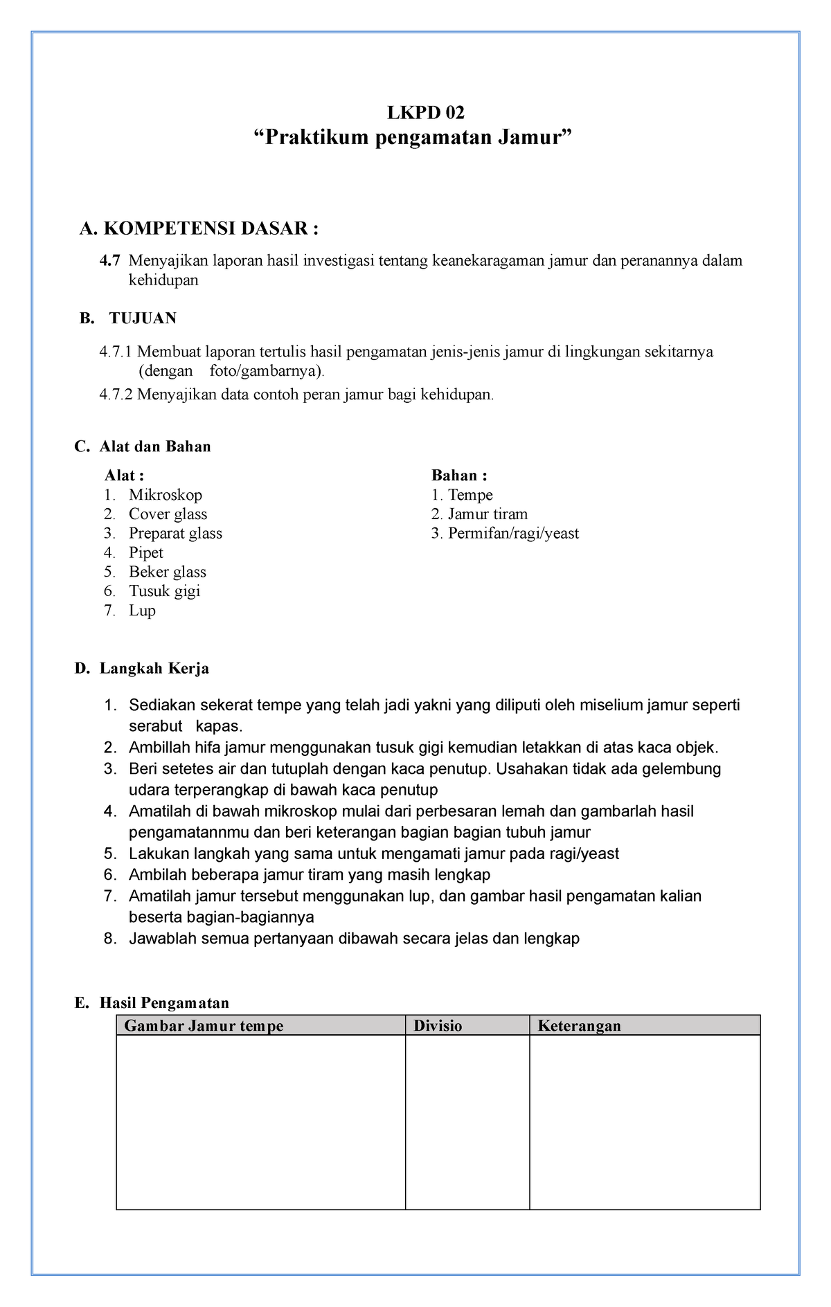 Lkpd 02 praktikum jamur - LKPD 02 “Praktikum pengamatan Jamur” A