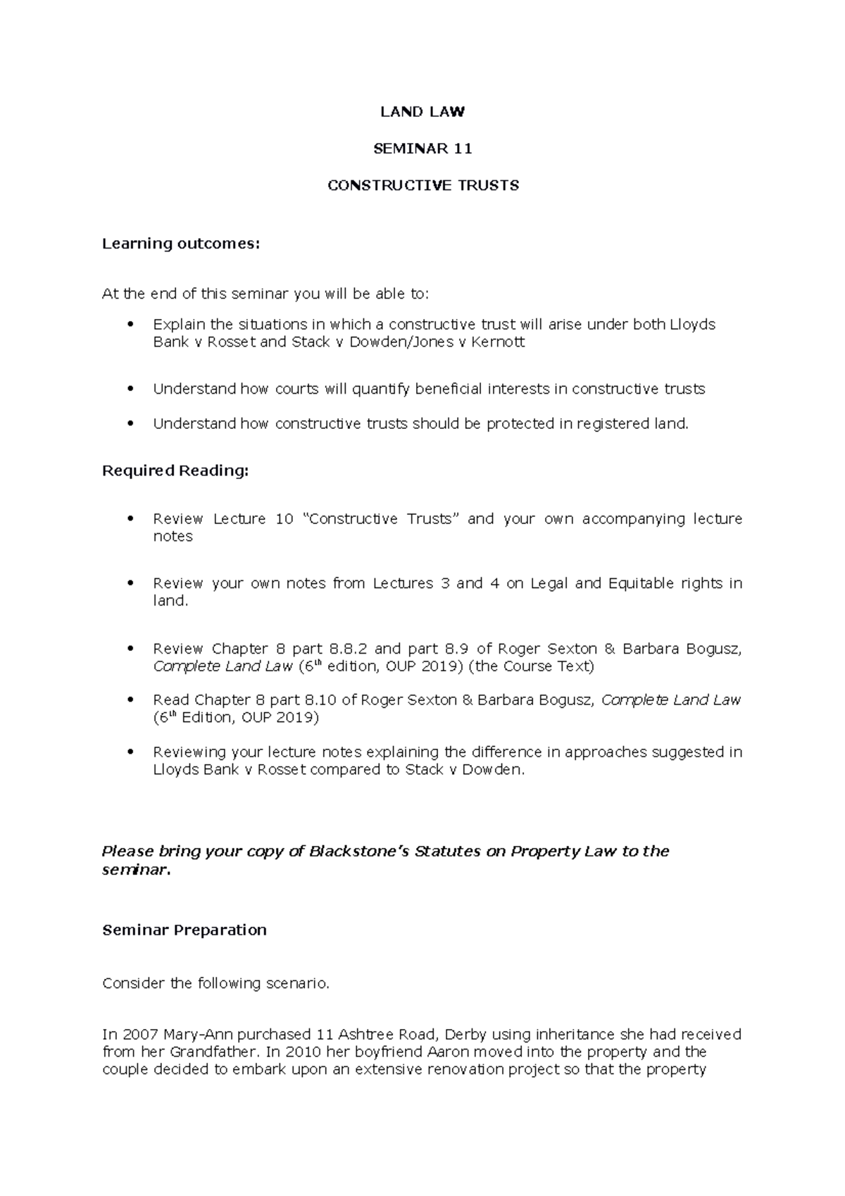 Seminar 11 - Constructive Trusts - LAND LAW SEMINAR 11 CONSTRUCTIVE ...