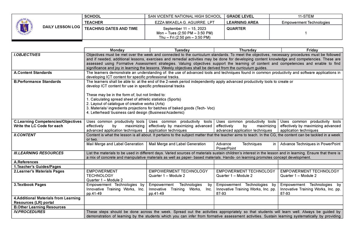 ET Q1 W3 - DAILY LESSON LOG SCHOOL SAN VICENTE NATIONAL HIGH SCHOOL ...