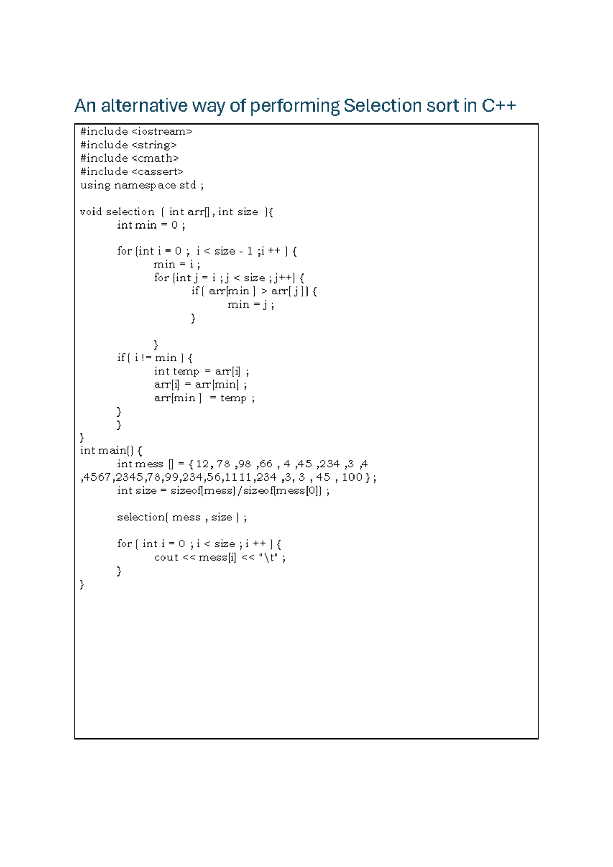 An alternative way of performing Selection sort in C++ - Studocu
