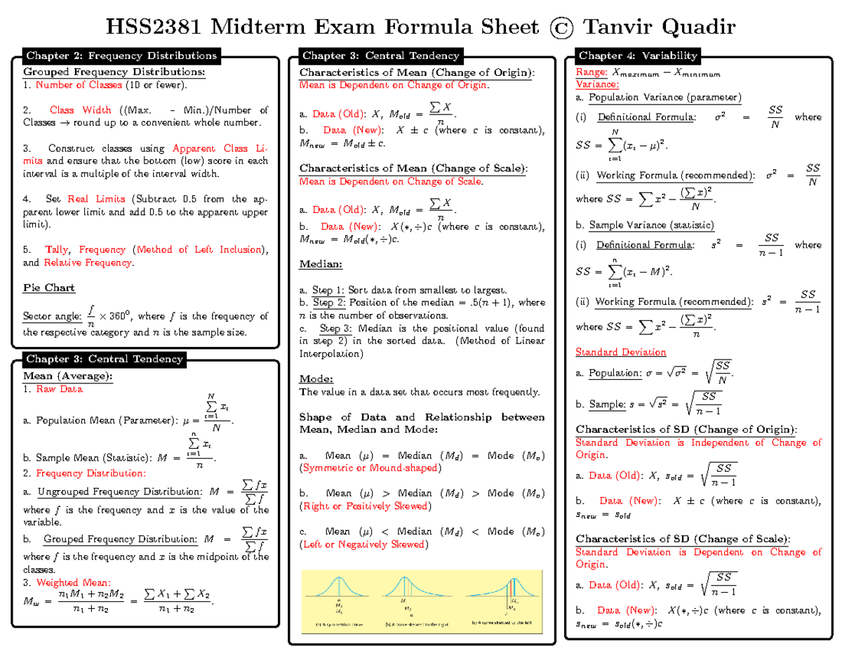 Formula sheet - Class Width ((Max. – Min.)/Number of Classes → round up ...