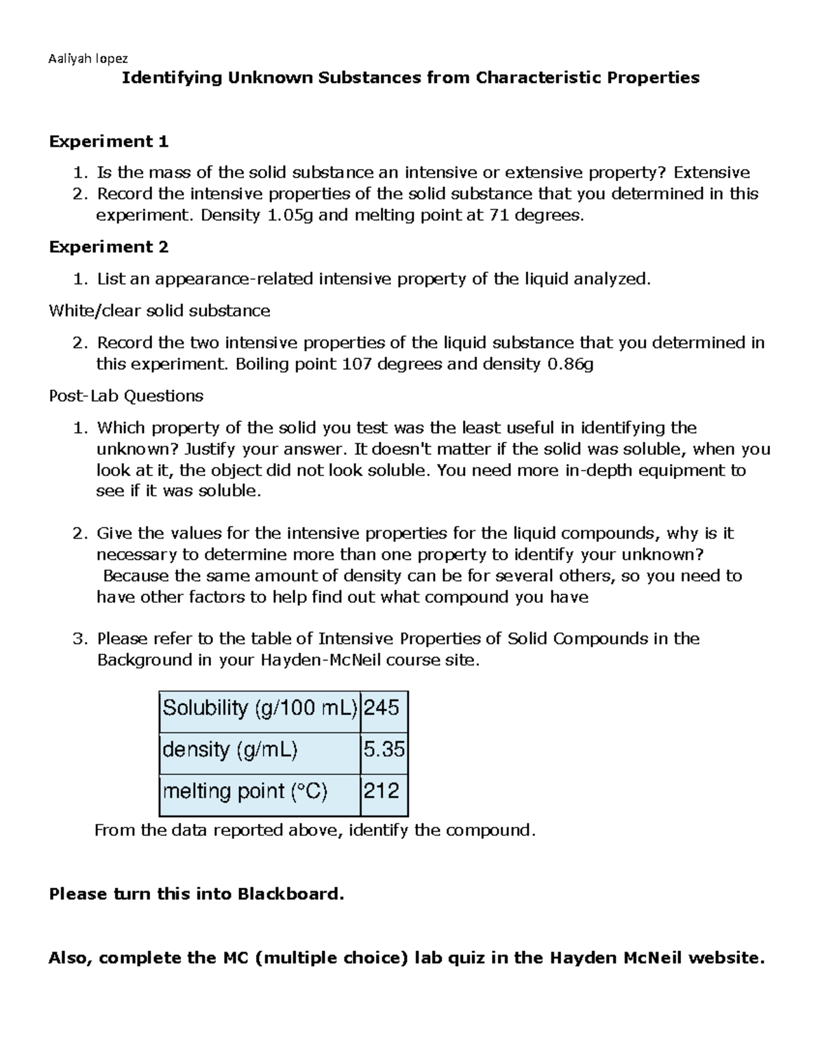 Identifying Unknown Substances From Characteristic Propertieslab 3 Aaliyah lopez Identifying
