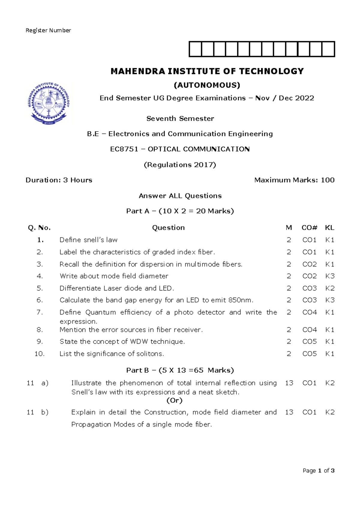 EC8751 Optical Communication Register Number MAHENDRA INSTITUTE OF